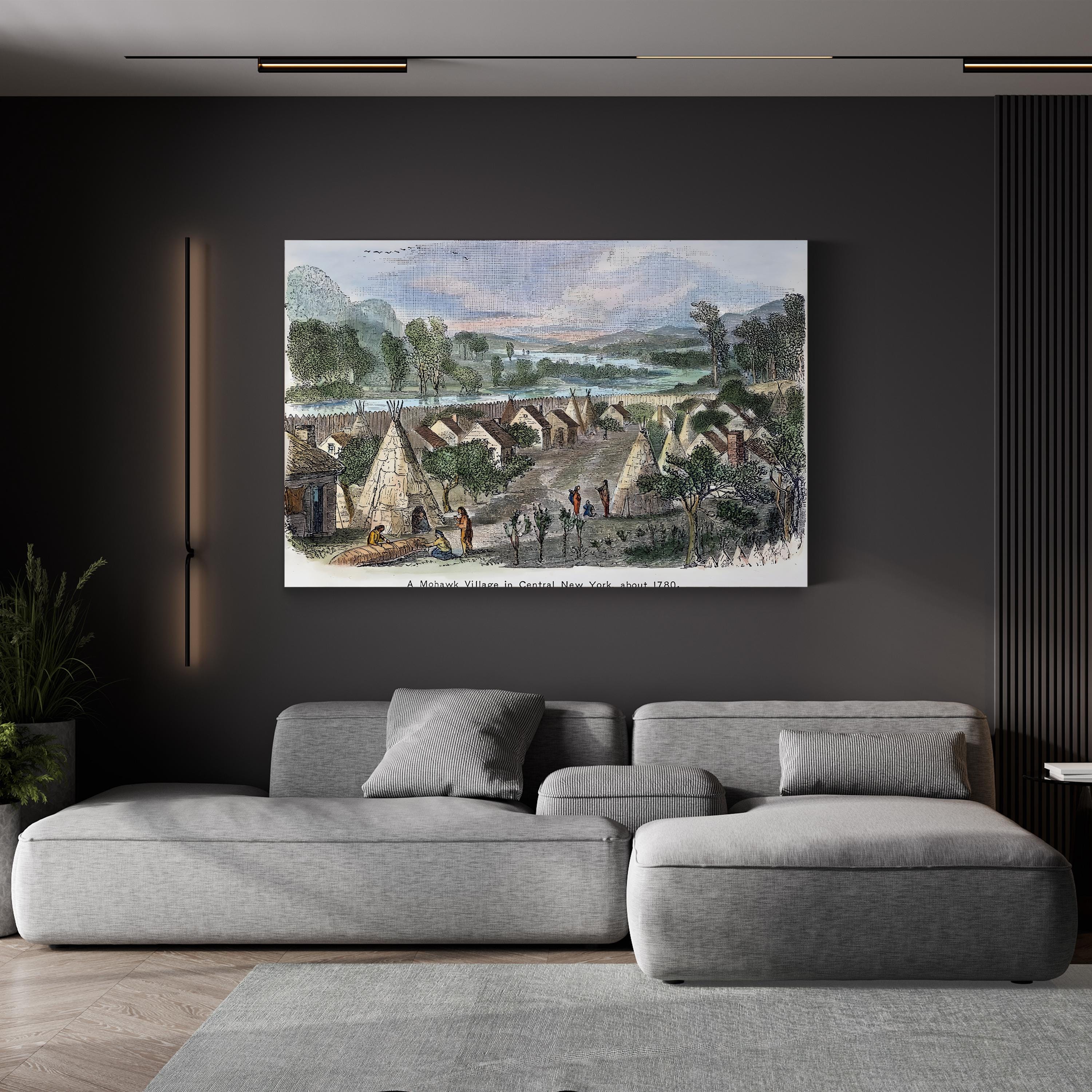 Mohawk Village 1780 – Period Illustration Wall Art | Native American Engraving Canvas Print