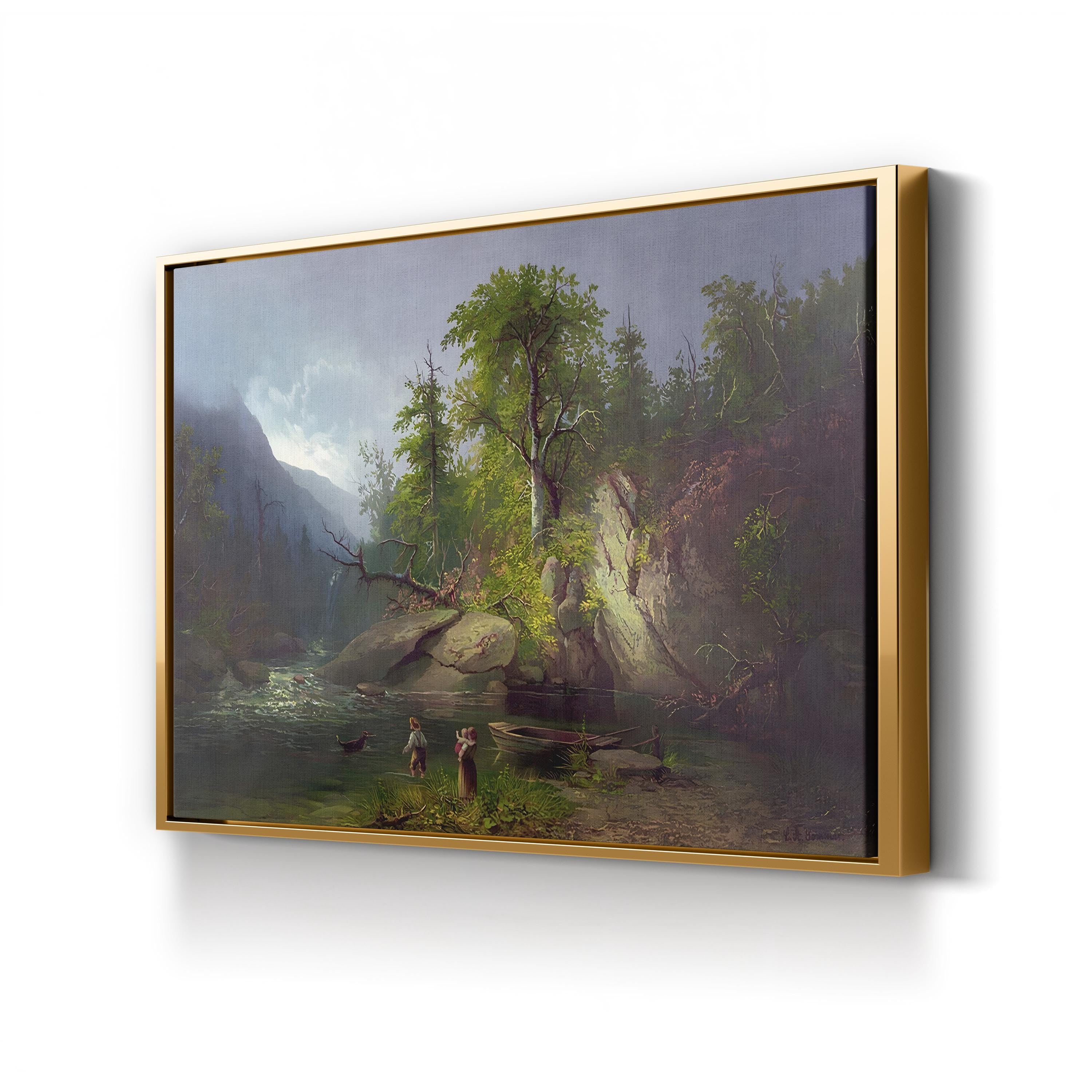 Framed painting of a landscape with trees, rocks, and people by a lake.