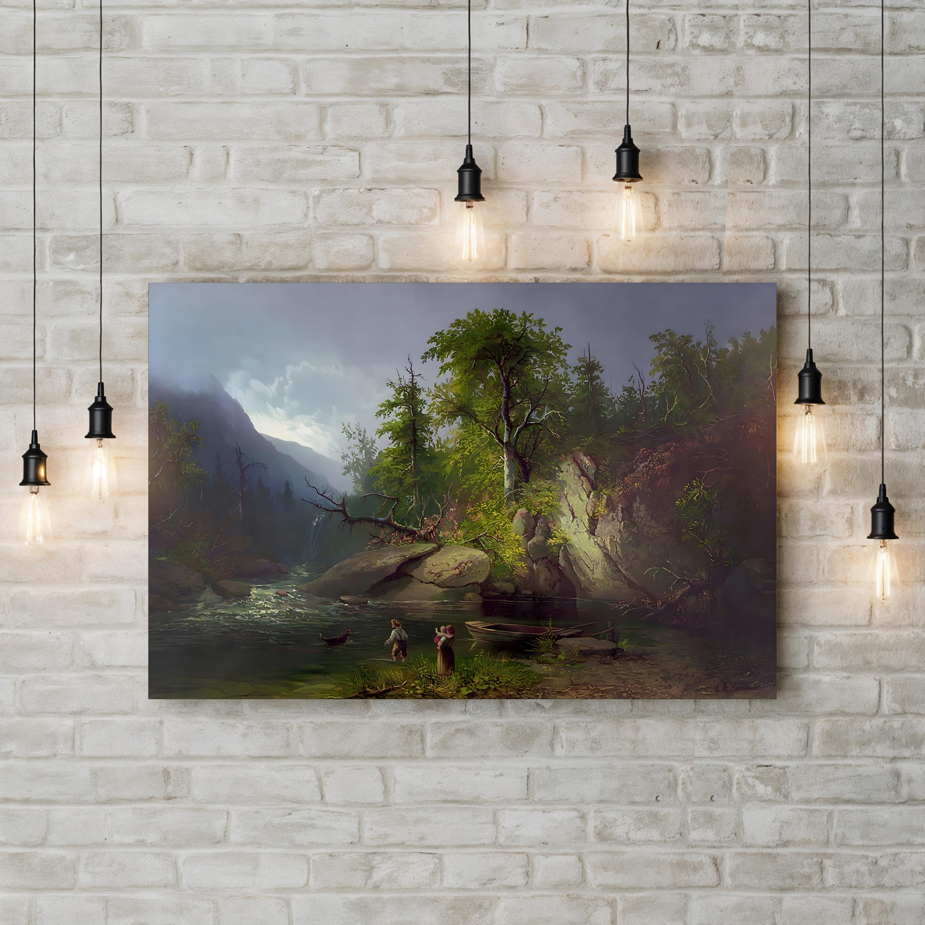 Landscape painting of a forest scene with a lake on a brick wall.