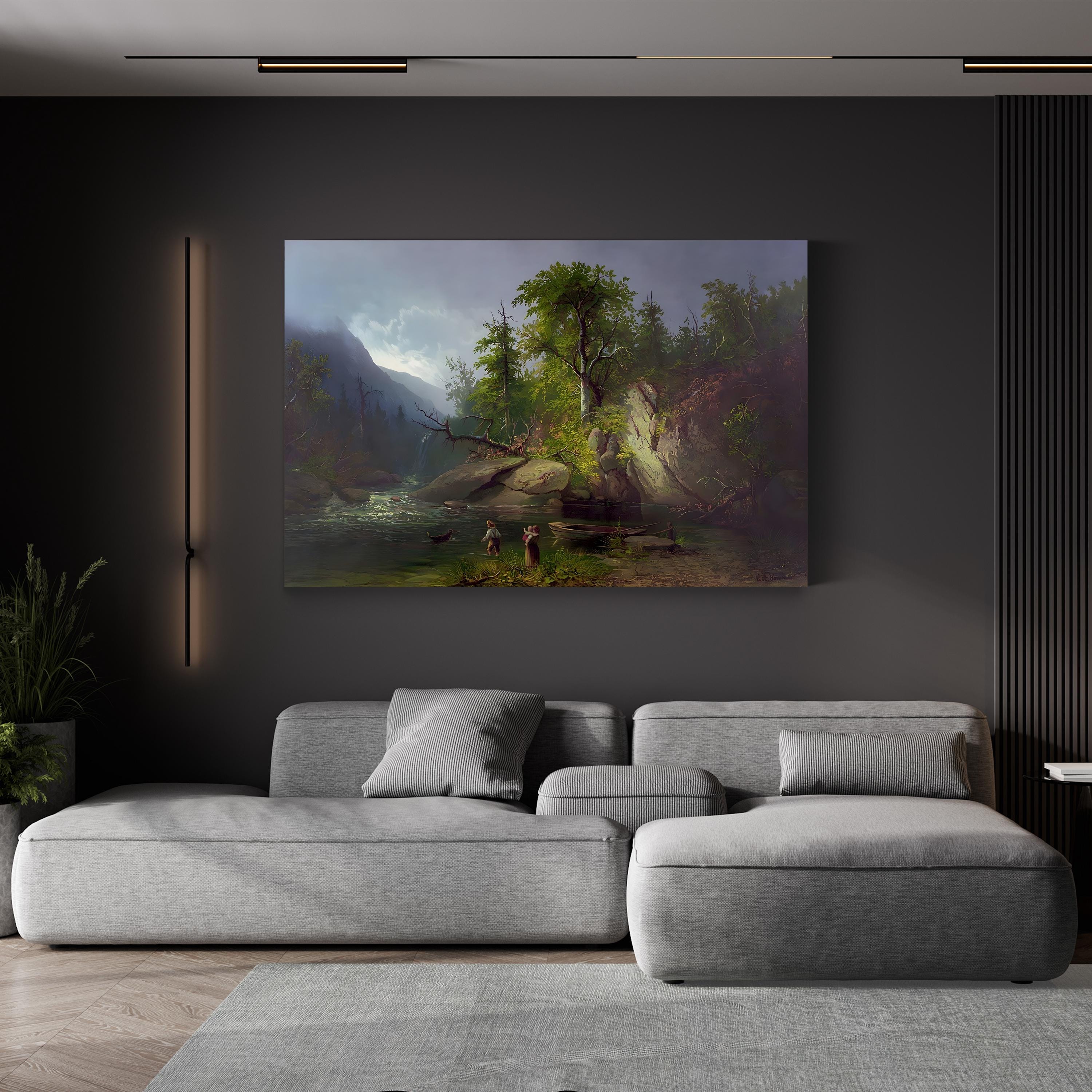 Gray sectional sofa in a living room with a large painting of a landscape on the wall.