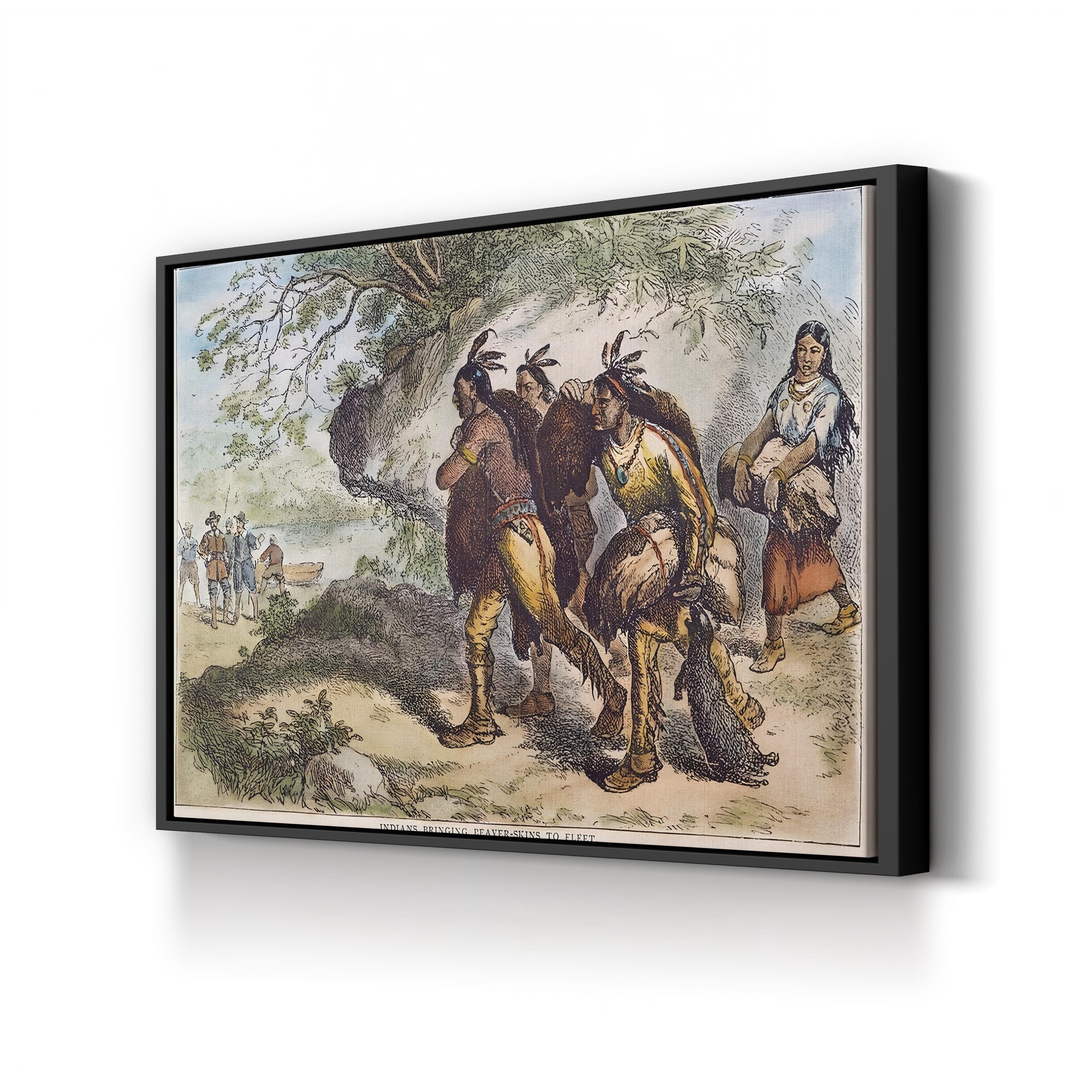Native Americans Bringing Beaver Skins to a Trading Fleet, 1676 canvas print in Black framed canvas
