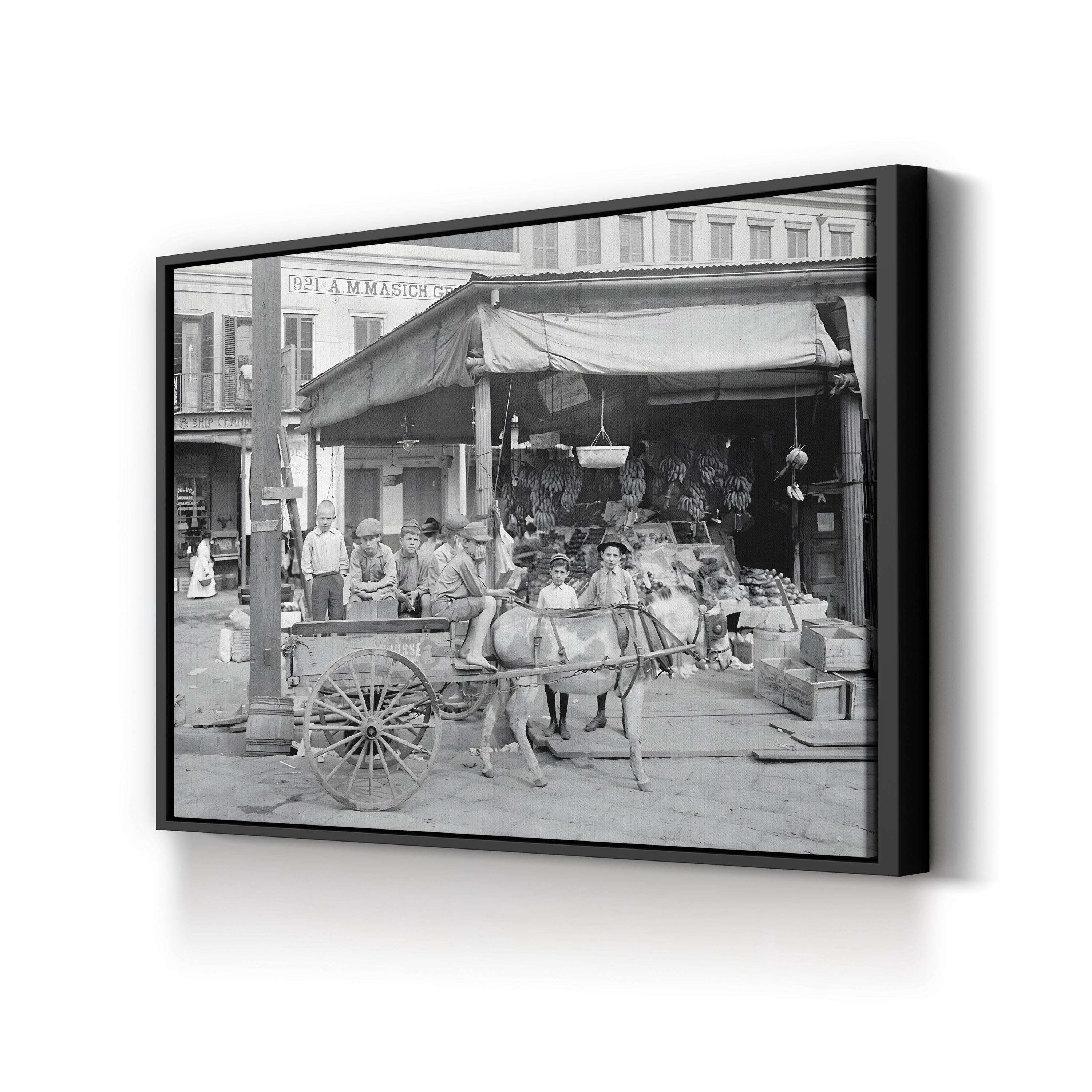 New Orleans French Market Scene canvas print in a white frame