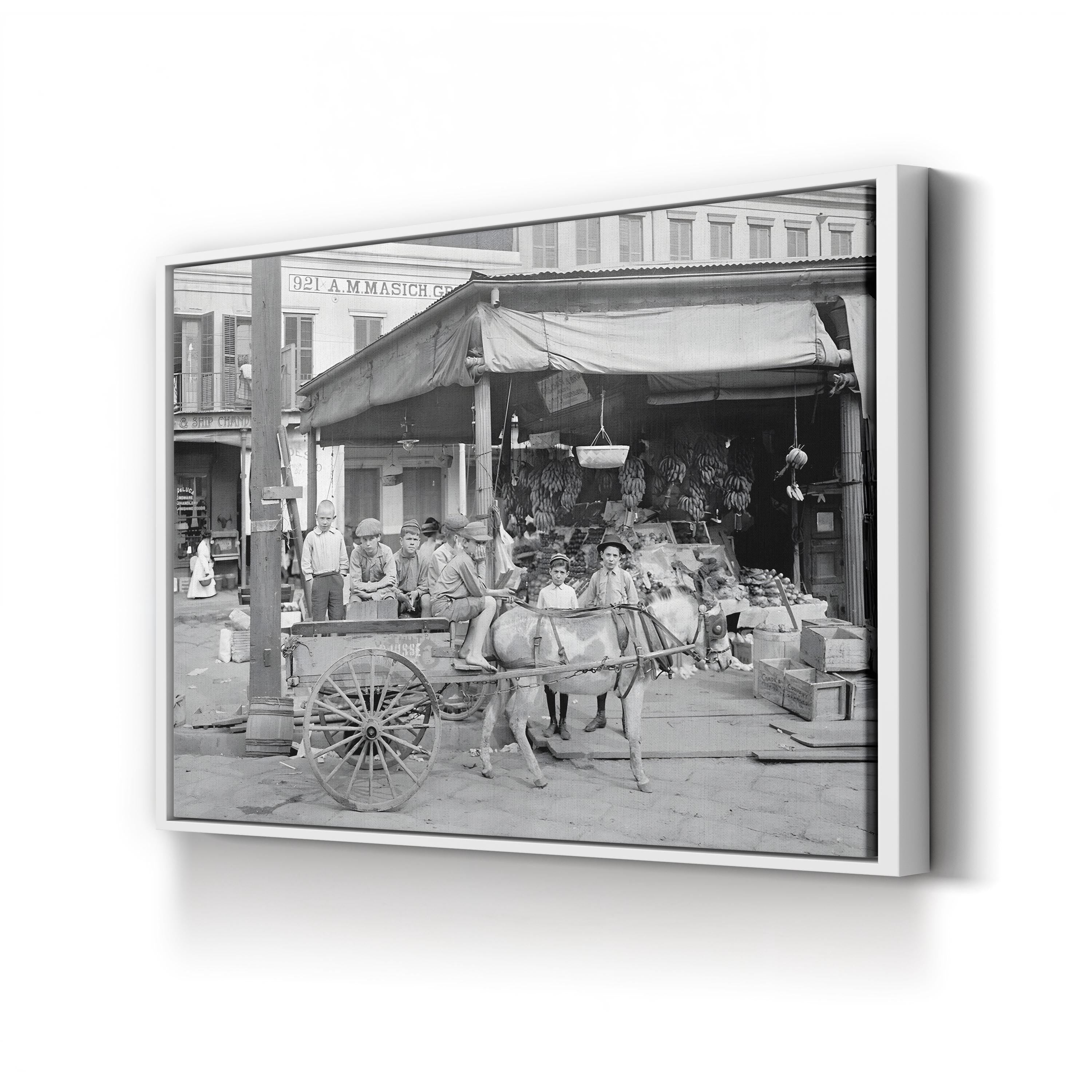 New Orleans French Market Scene canvas print in a gold frame