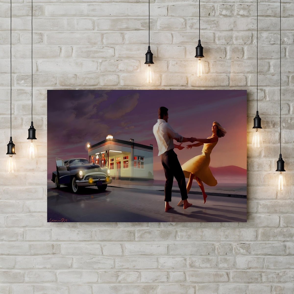 Night Dance by Chris Consani canvas print displayed on a white brick wall with pendant bulbs