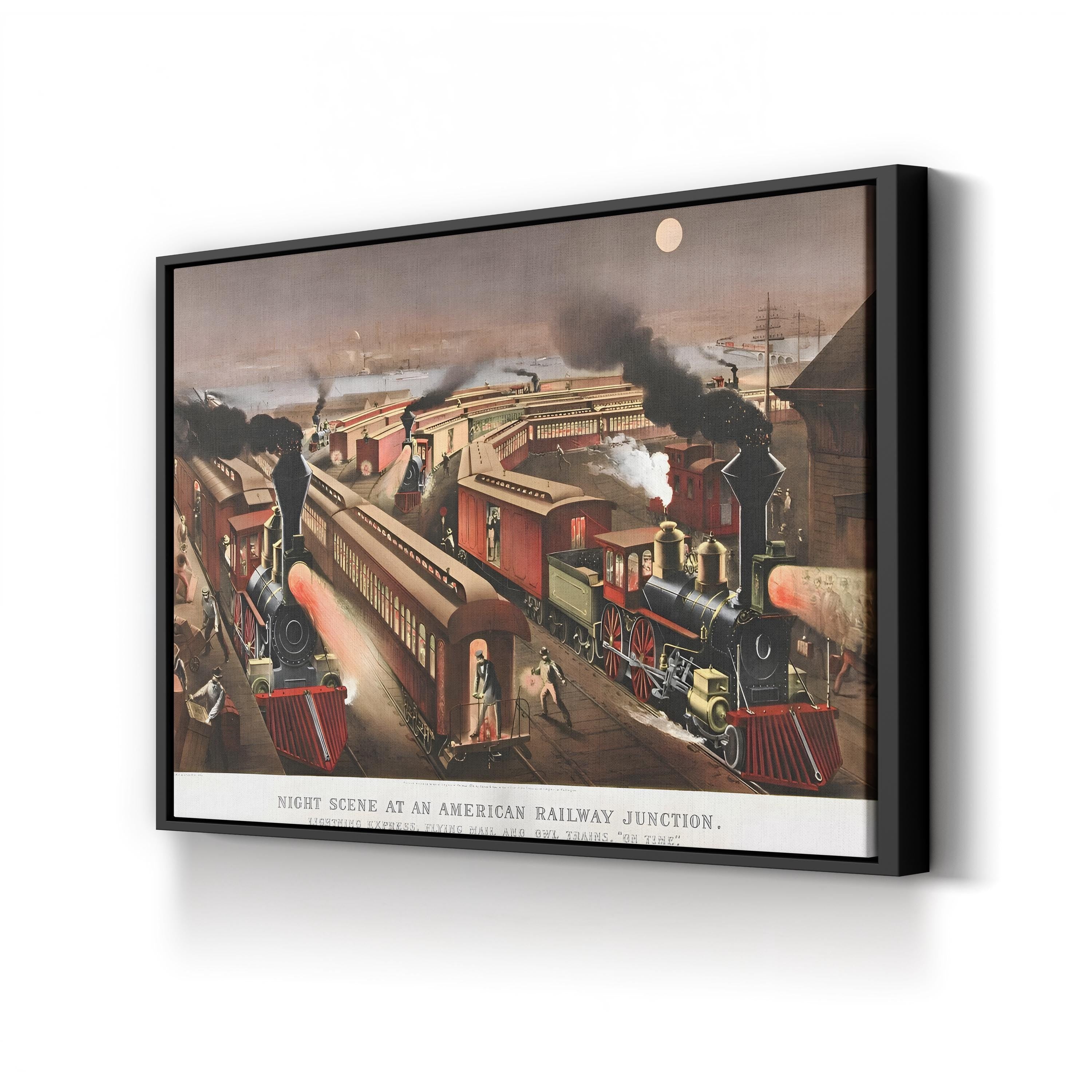 Night Scene at a Railway Junction, 1876 – Currier & Ives Wall Art | Steam Locomotive Canvas Print
