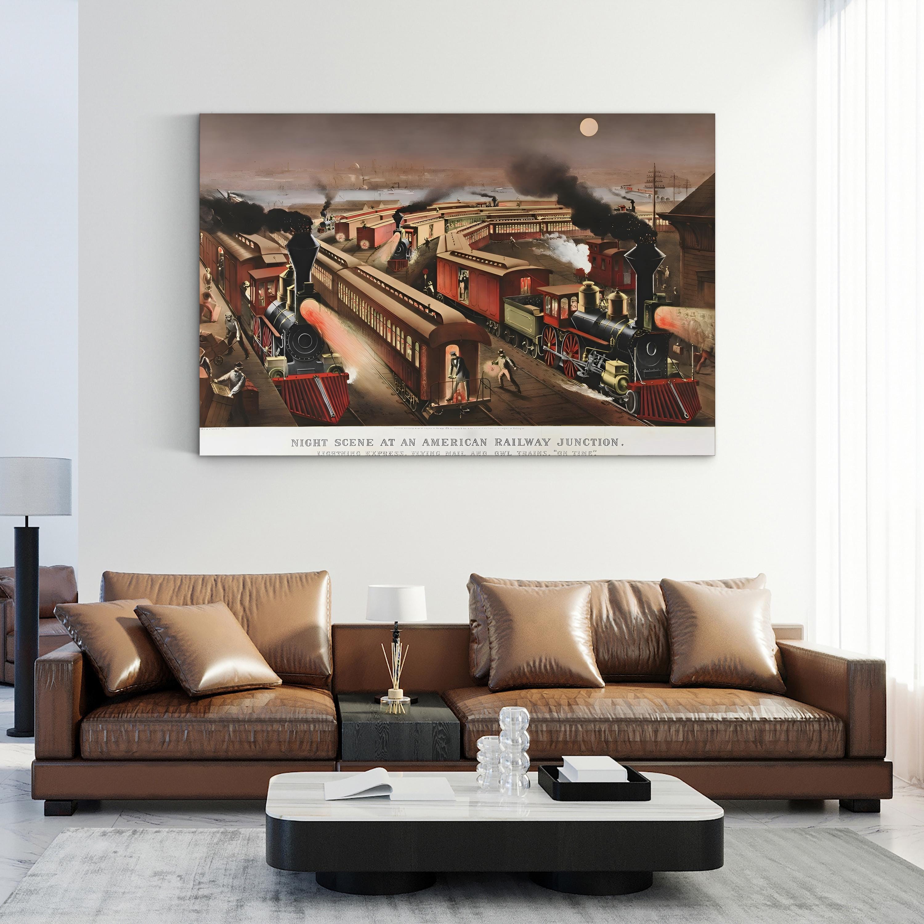 Night Scene at a Railway Junction, 1876 – Currier & Ives Wall Art | Steam Locomotive Canvas Print