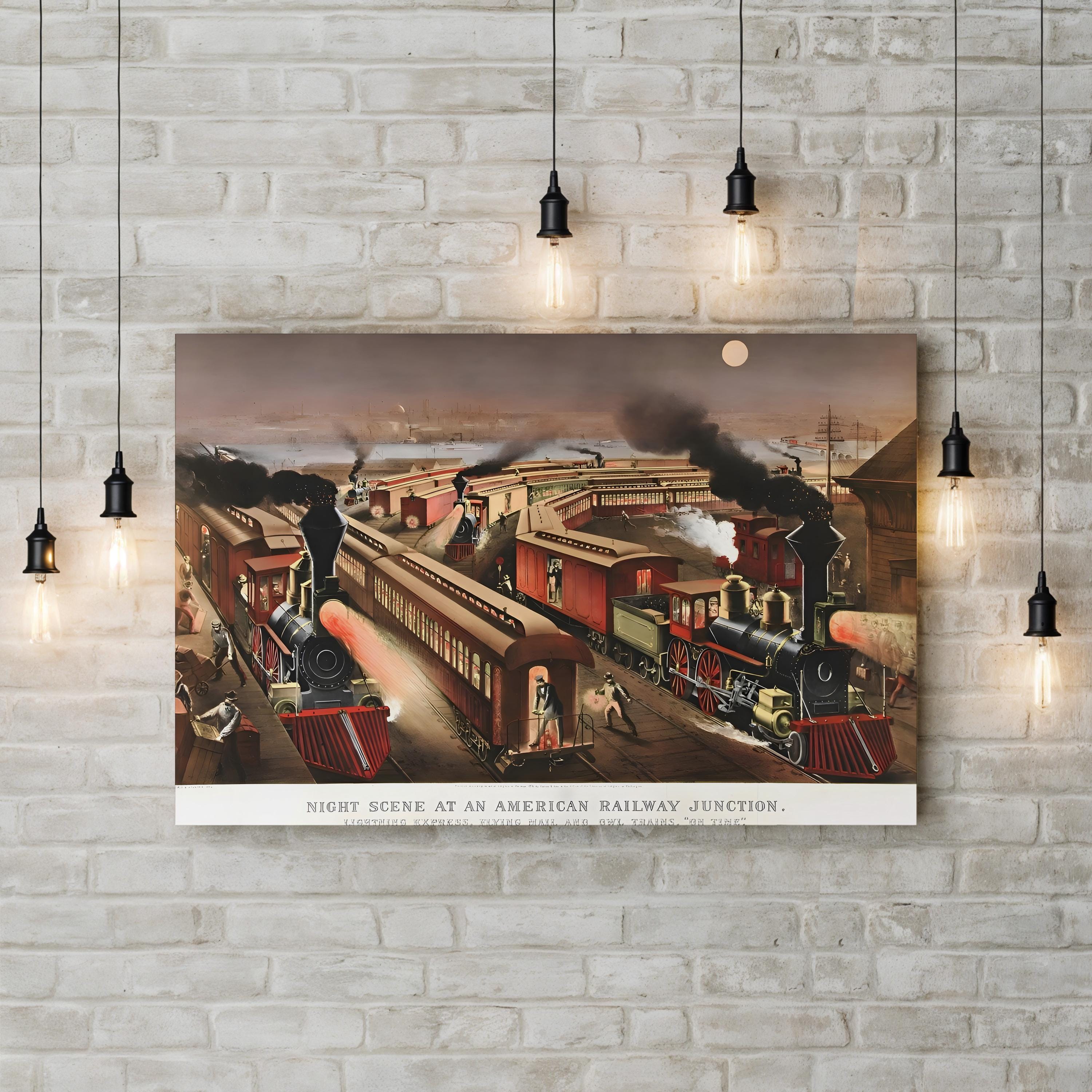 Night Scene at a Railway Junction, 1876 – Currier & Ives Wall Art | Steam Locomotive Canvas Print