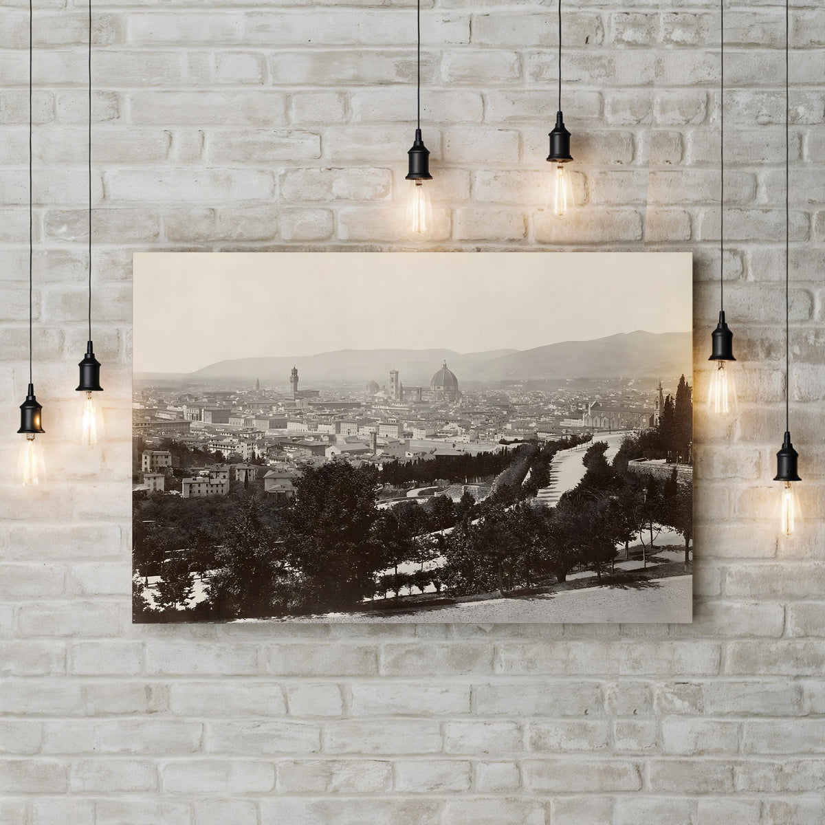 Panorama of the Viale dei Colli, Florence, Italy, c. 1870 by Giacomo Brogi canvas print displayed on a wall with accent lighting