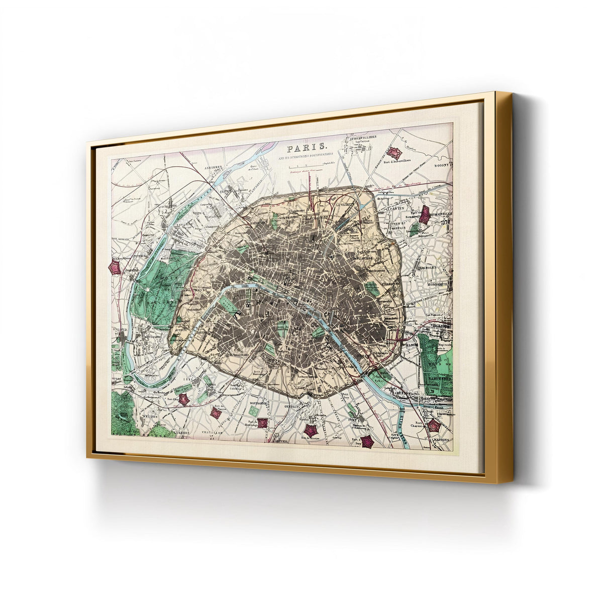 Antique Paris City Map with Fortifications by Adam Shaw canvas print in a gold frame