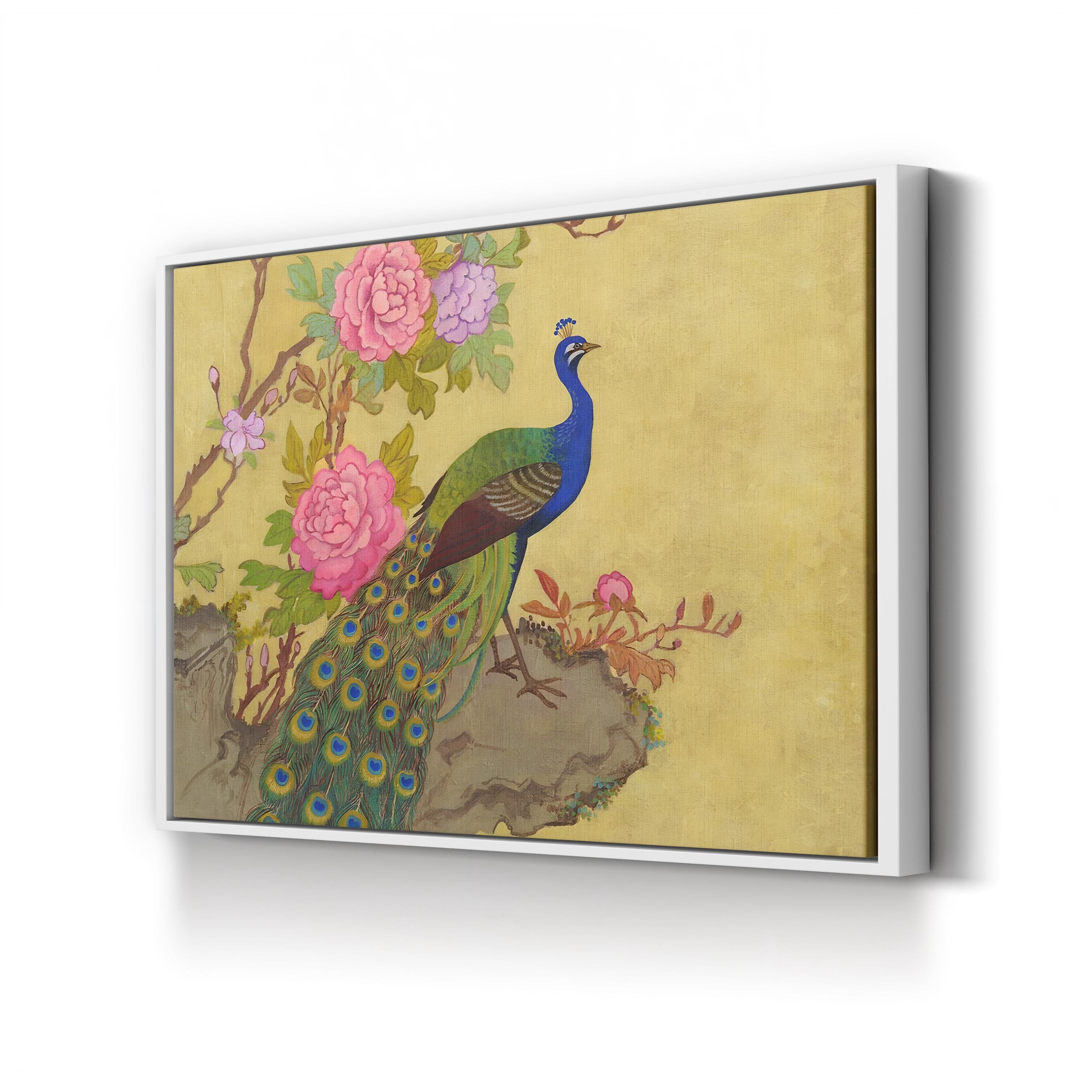 Peacock and Peonies Wall Art by Adam Guan – Chinese Style Floral Wildlife Painting