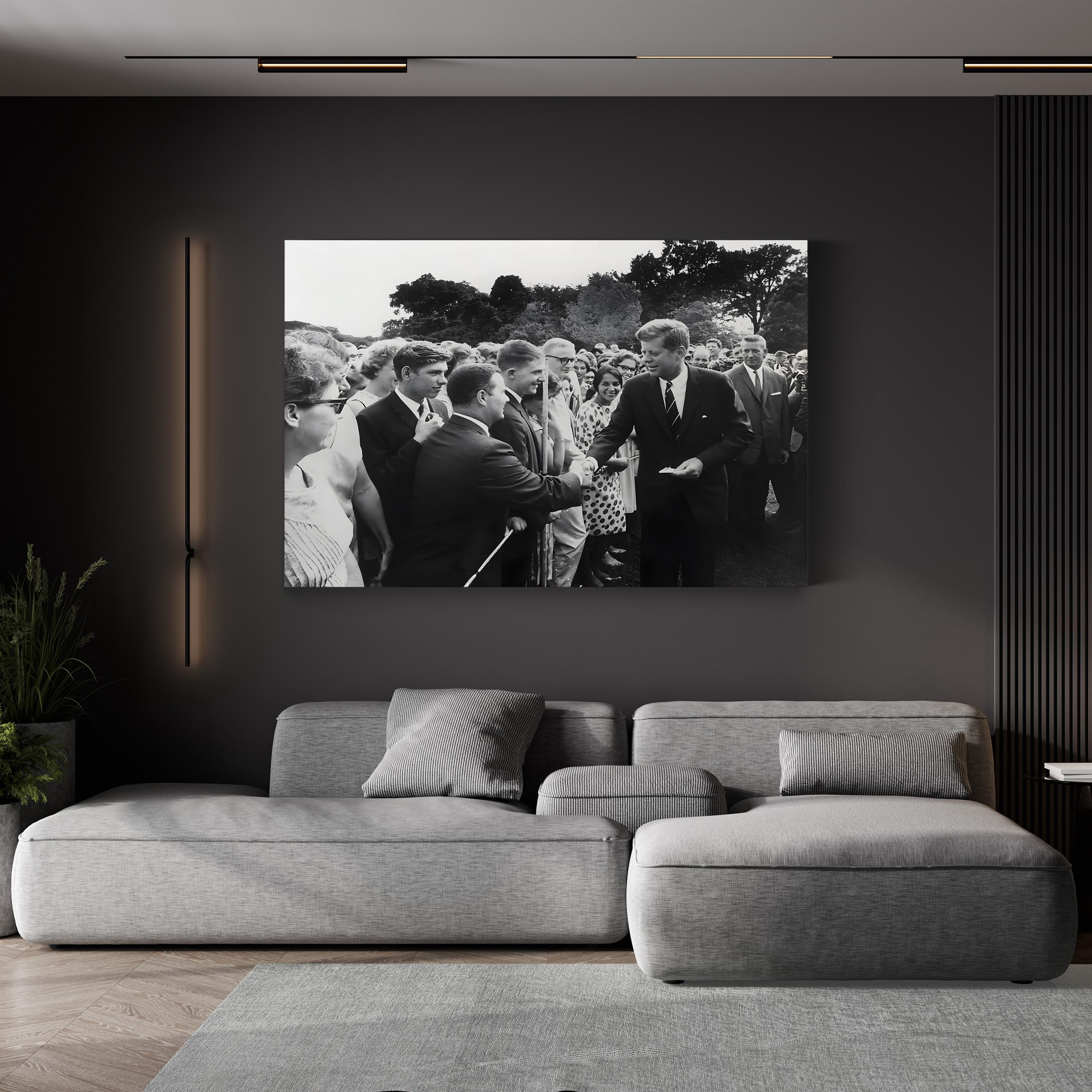 President Kennedy Greets Peace Corps Volunteers, c. 1962, by Abbie Rowe canvas print displayed in a modern living room