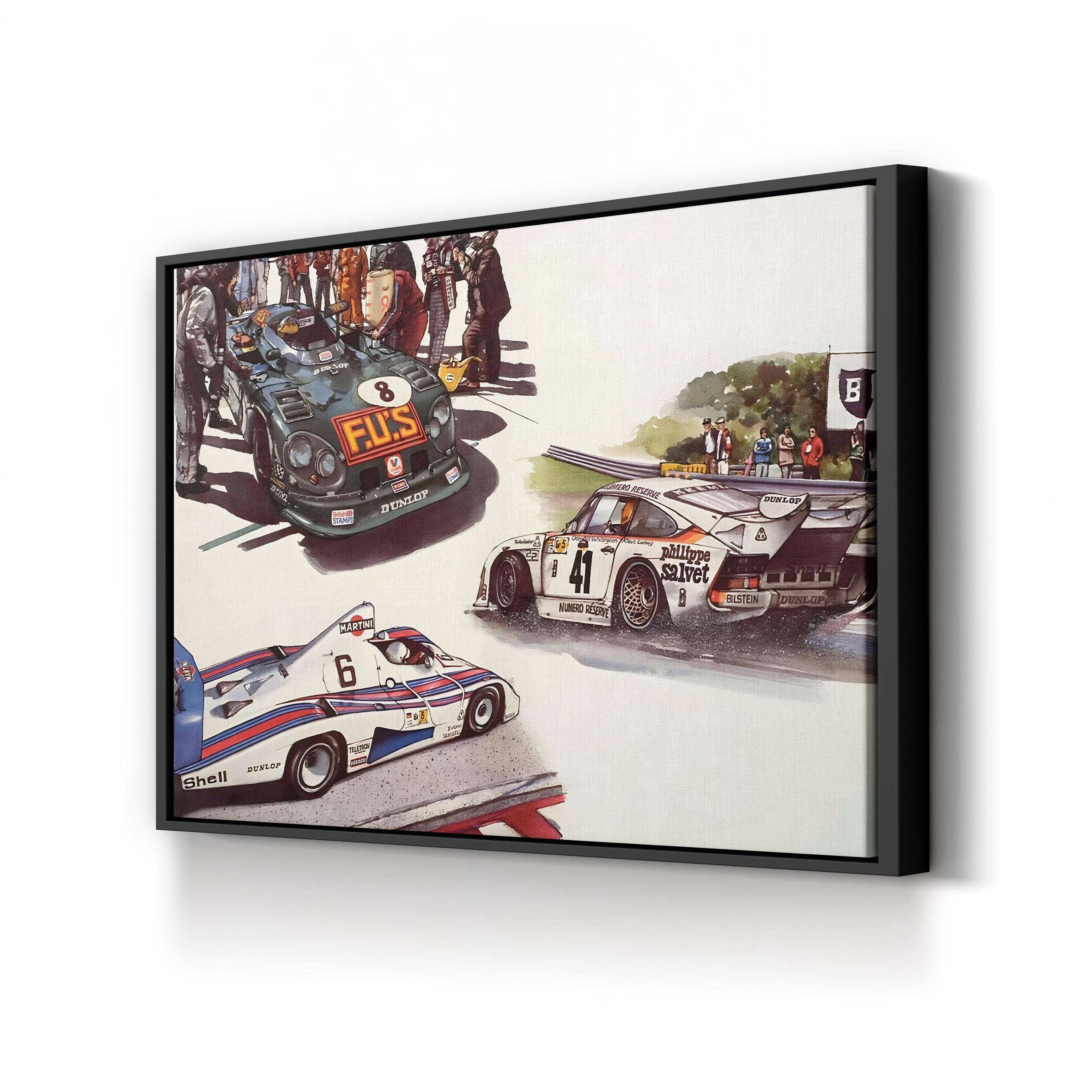 Vintage Racing Cars Illustration canvas print in black frame