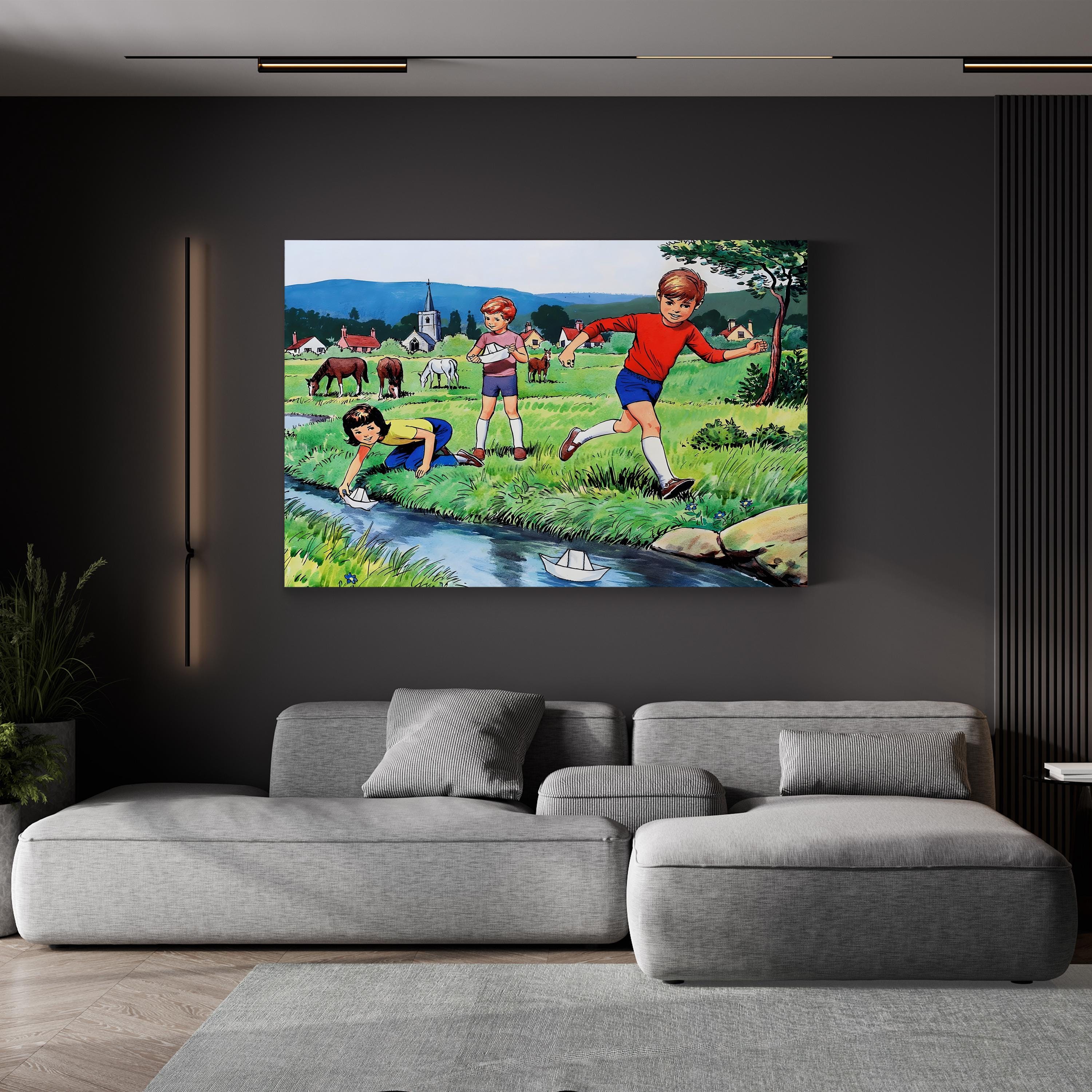 Vintage Children Playing with Sailing Paper Boats canvas print, unframed, displayed in living room