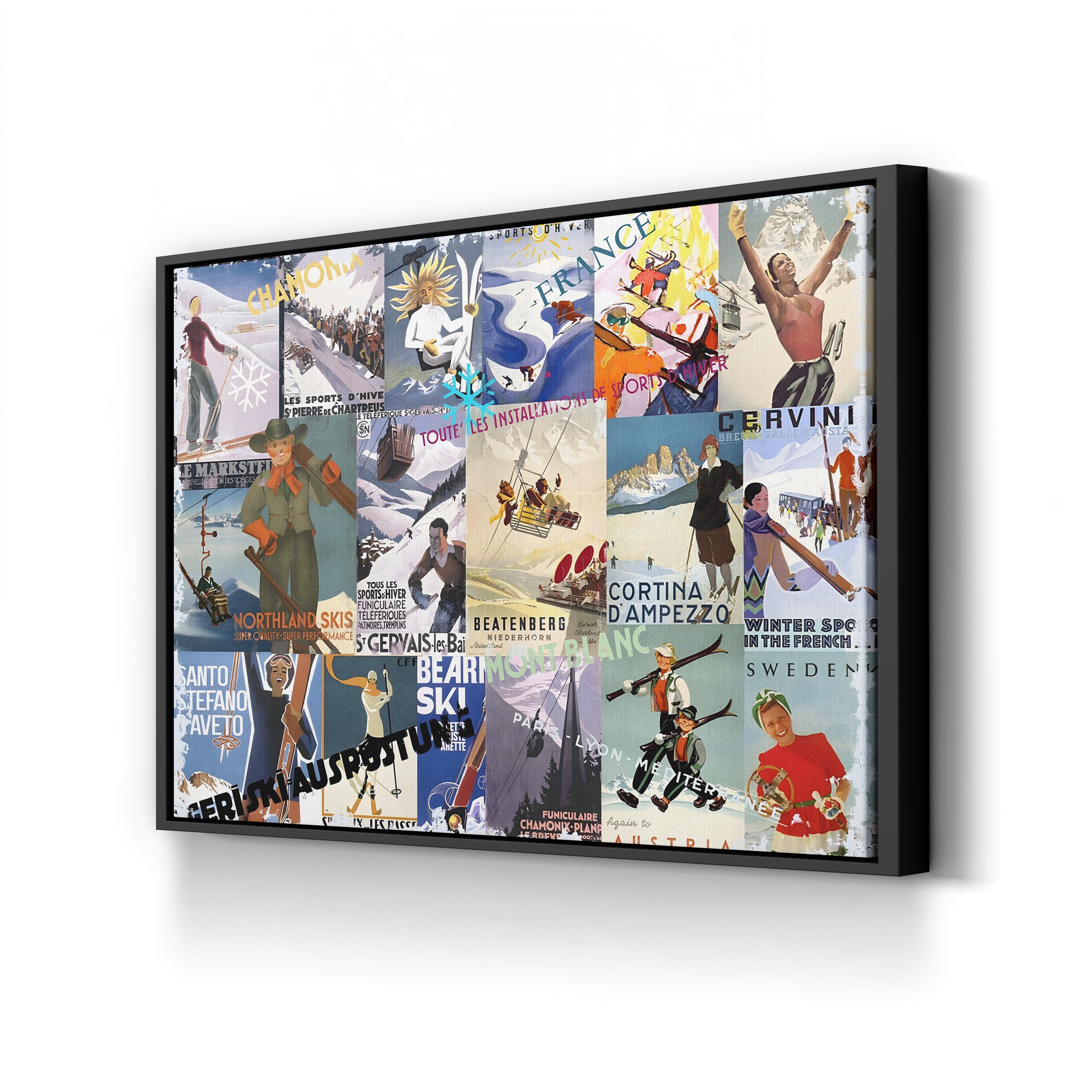 Vintage Ski Poster Collage – Period Illustration Wall Art | Retro Winter Sports Canvas Print
