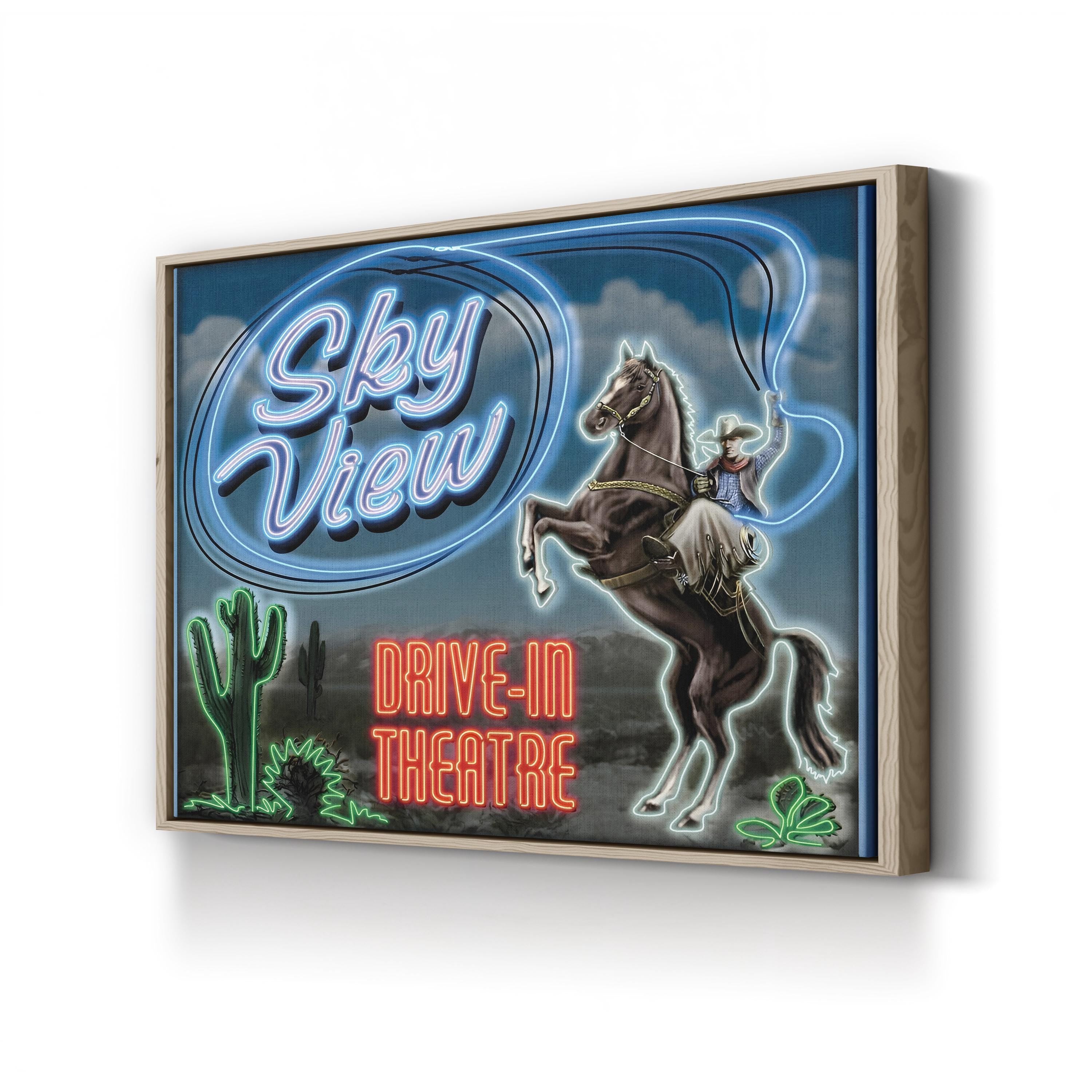 Sky View Drive-In Theater Canvas Art Print – Vintage Cowboy Neon Sign Wall Art