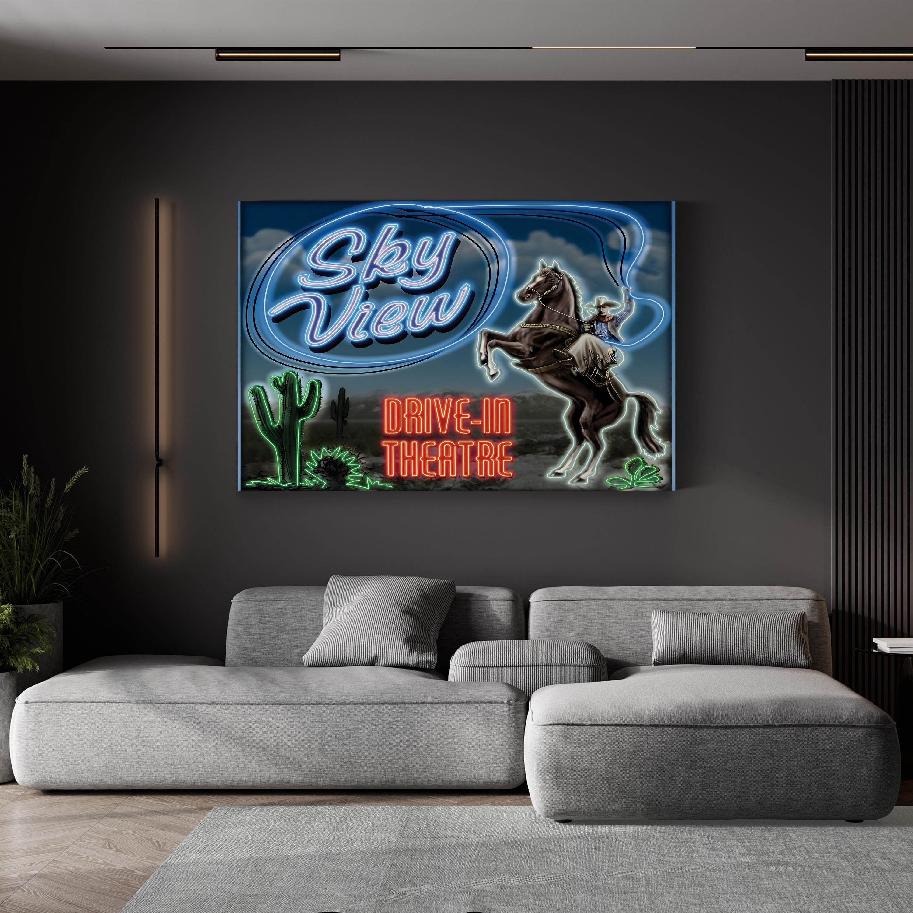 Sky View Drive-In Theater Canvas Art Print – Vintage Cowboy Neon Sign Wall Art