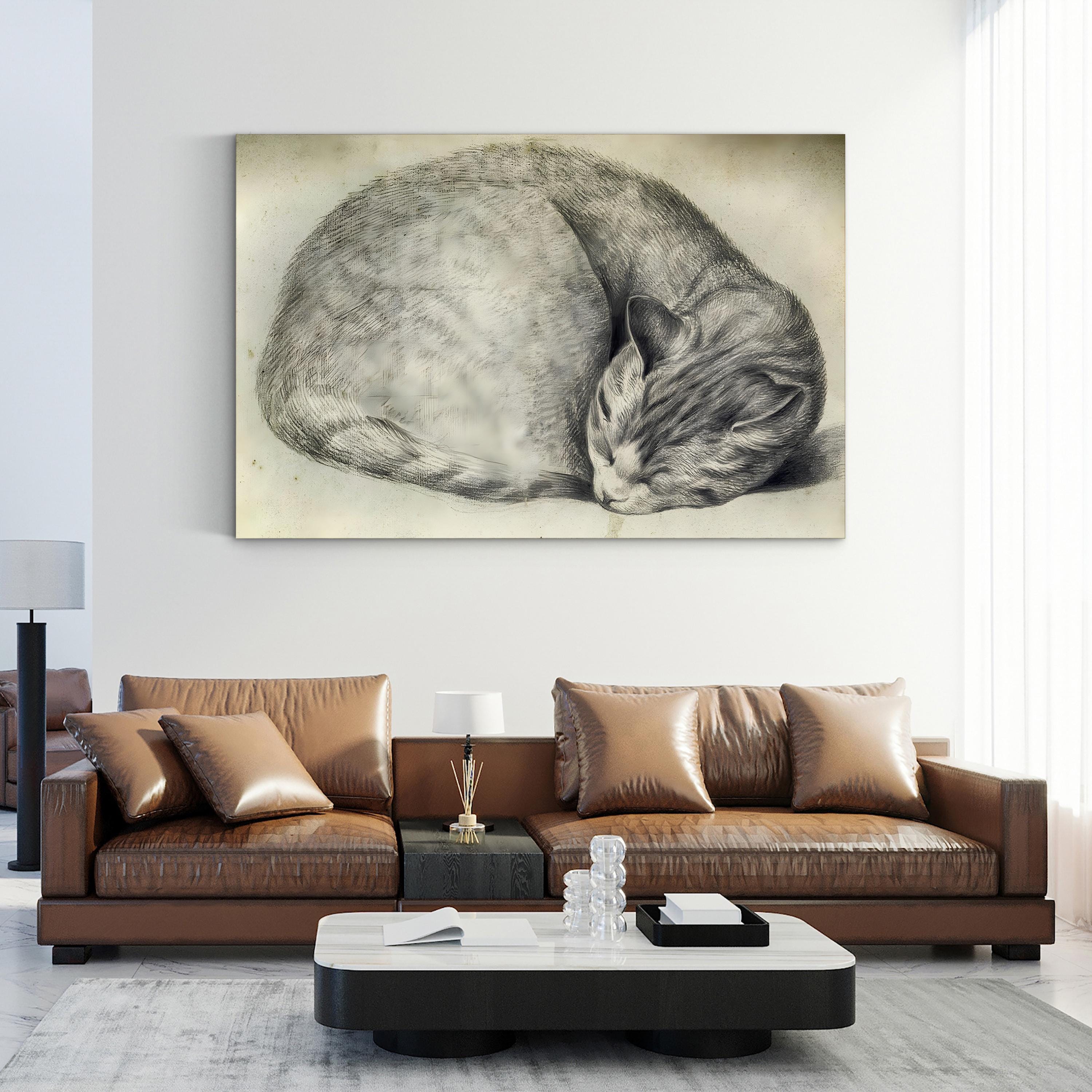 Sleeping Cat Canvas Art Print – Vintage Pencil Drawing, Animal Wall Art