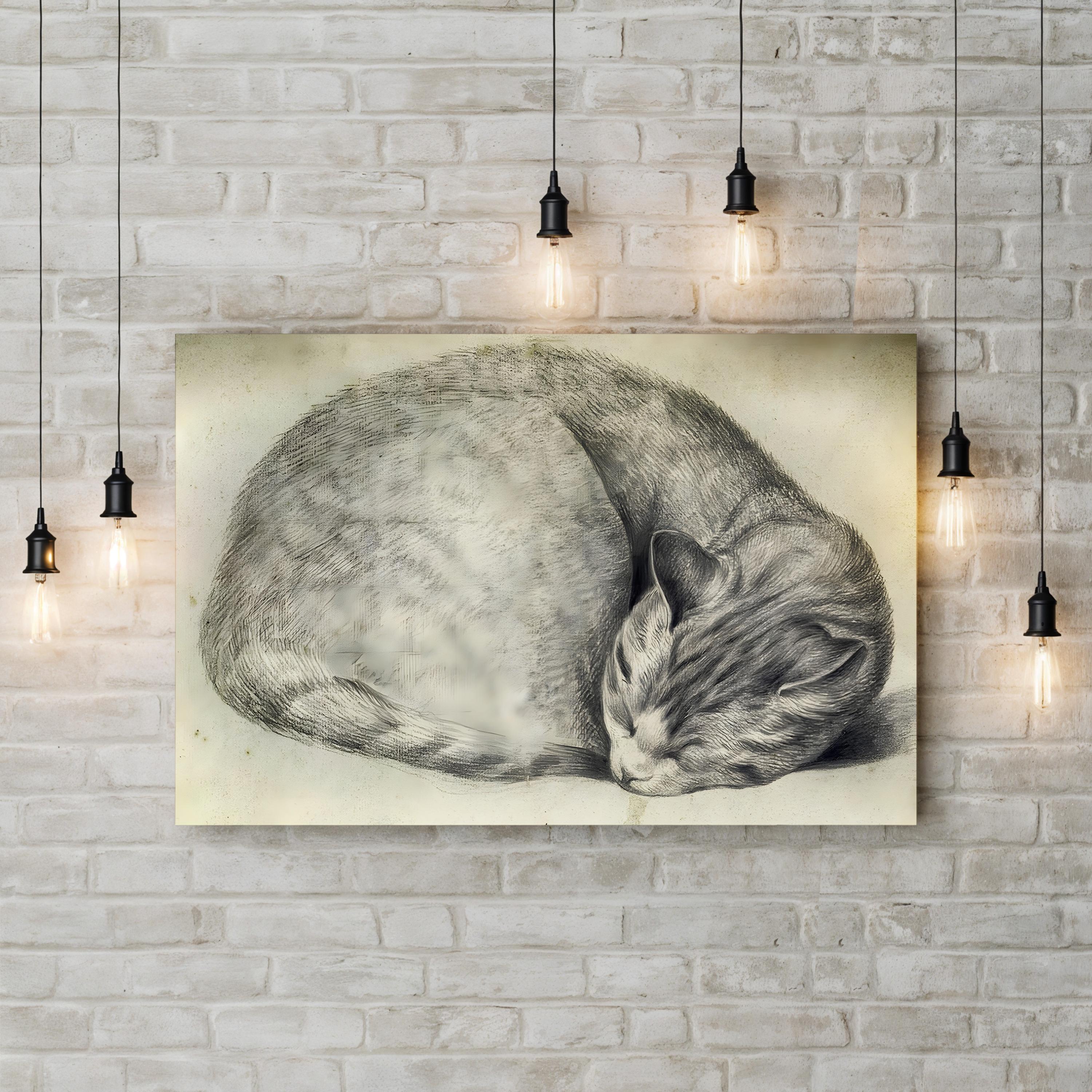 Sleeping Cat Canvas Art Print – Vintage Pencil Drawing, Animal Wall Art