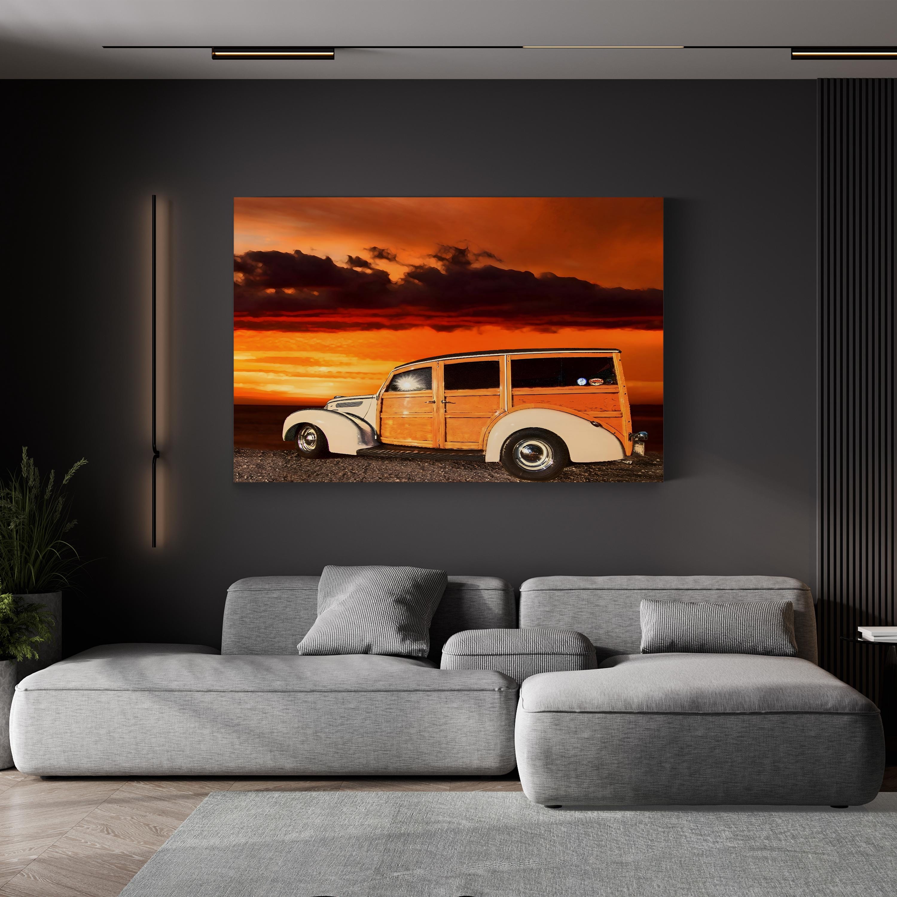 Vintage Woody Wagon Sunset – Vintage Photography Wall Art | Coastal Canvas Print