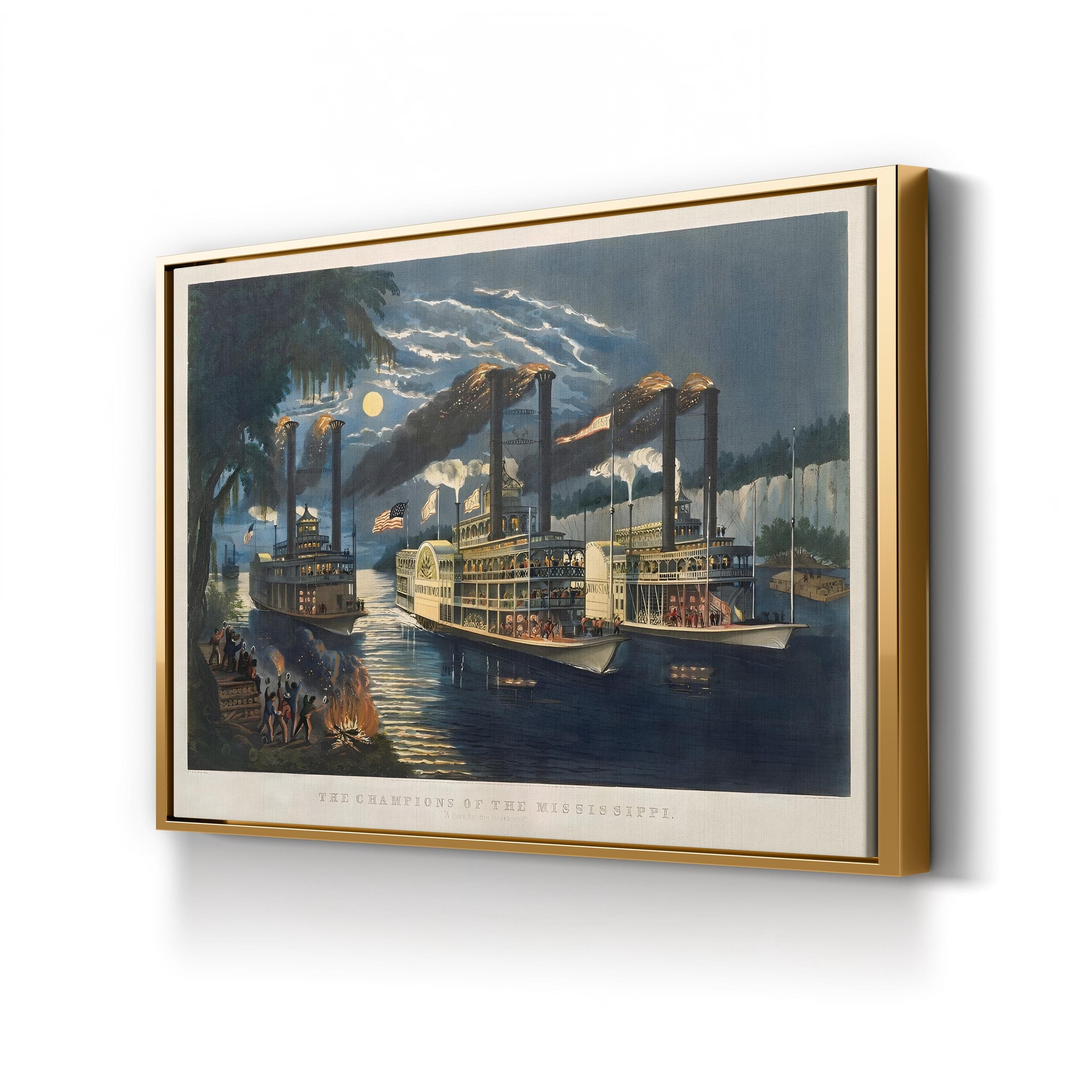 Champions of the Mississippi 1866 – Currier & Ives Wall Art | Vintage Steamboat Lithograph Canvas Print