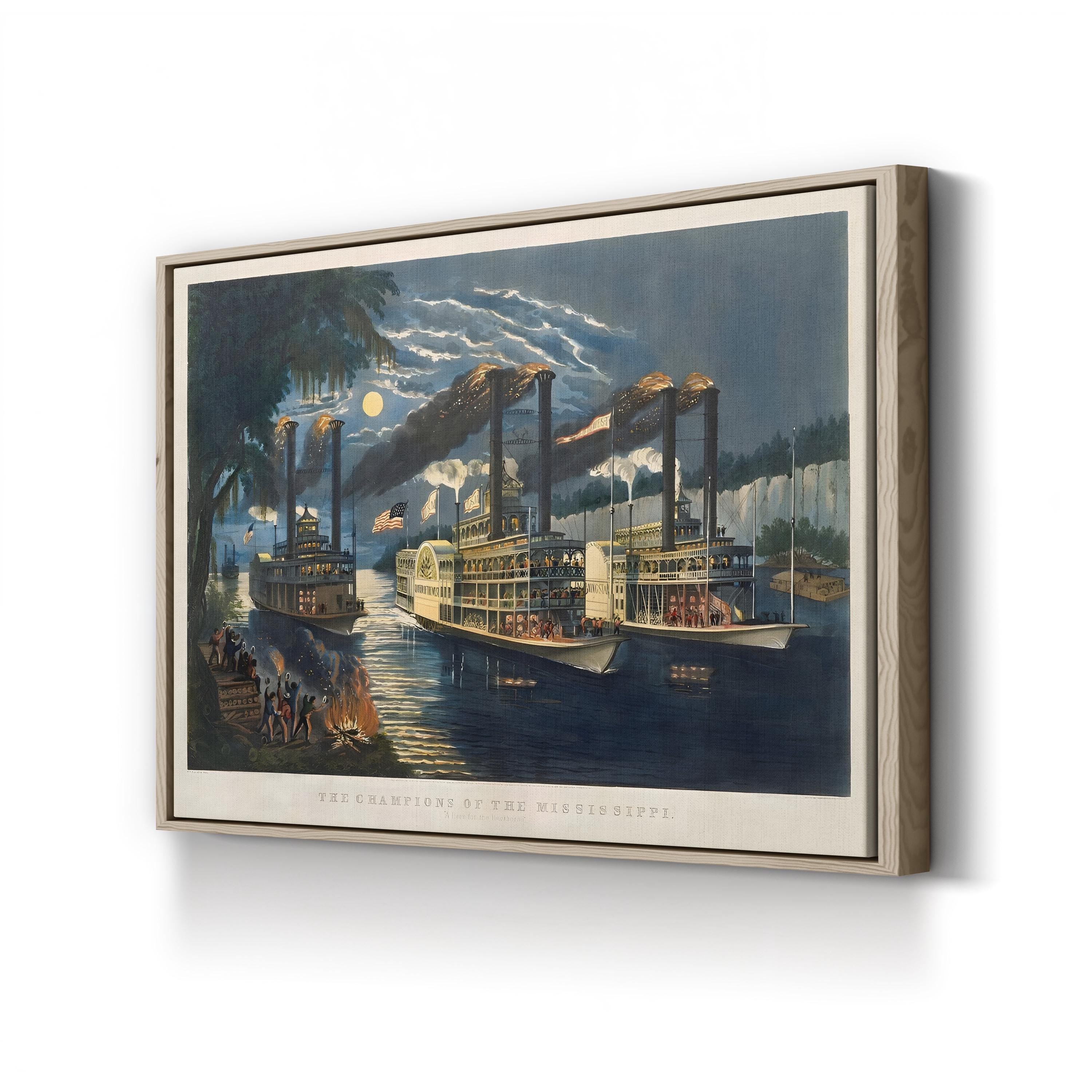 Champions of the Mississippi 1866 – Currier & Ives Wall Art | Vintage Steamboat Lithograph Canvas Print
