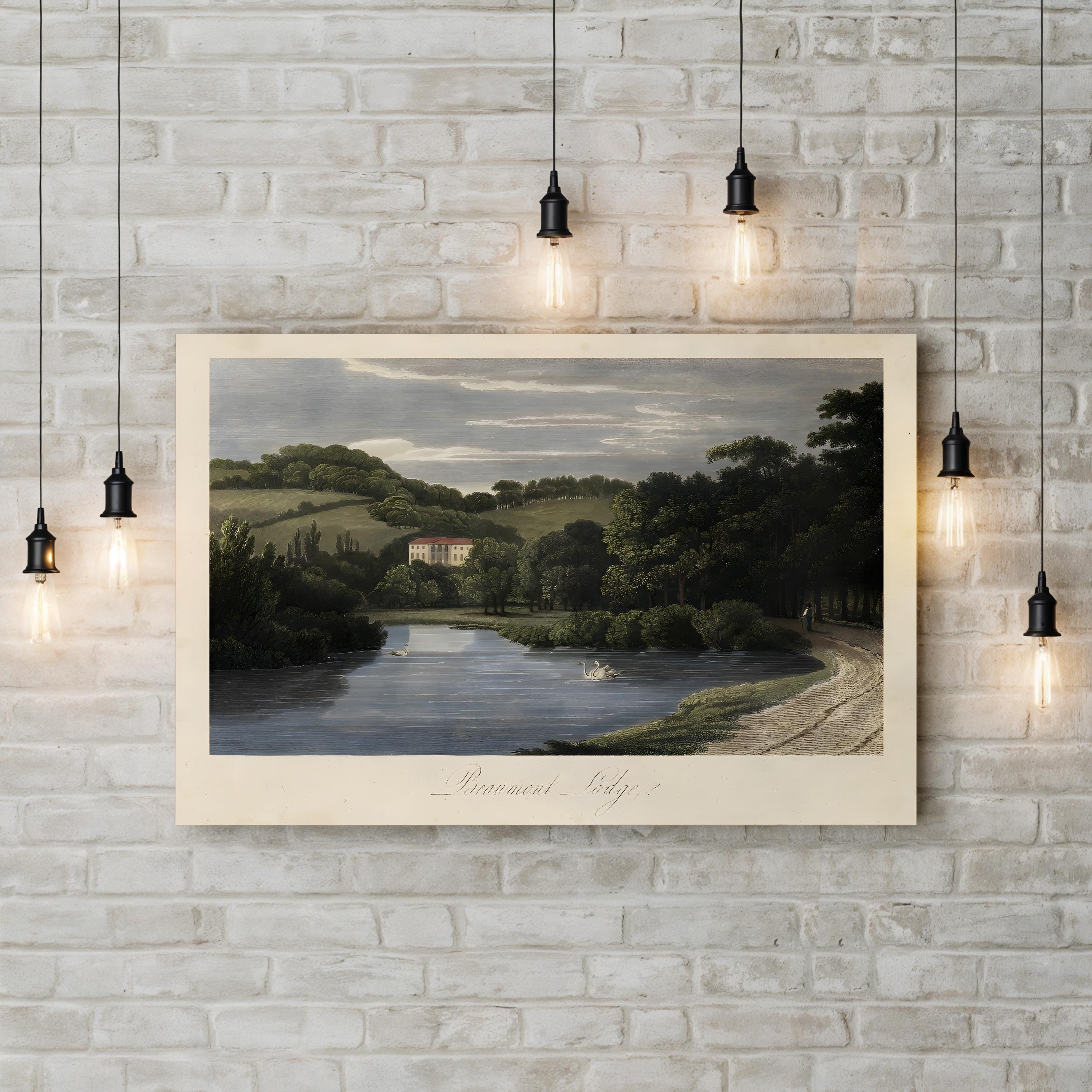 English Countryside III – Period Illustration Wall Art | Serene River Landscape Canvas Print
