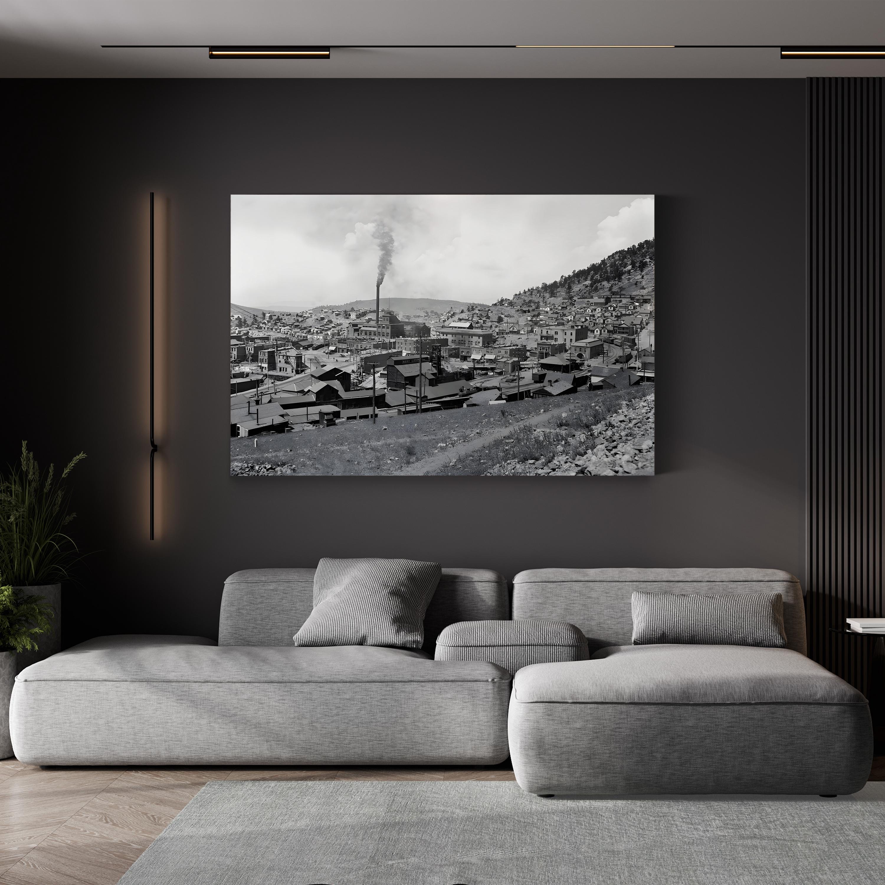 The Gold Coin Mine in Victor, Colorado, c. 1900 by William Henry Jackson canvas print displayed in a dark modern room