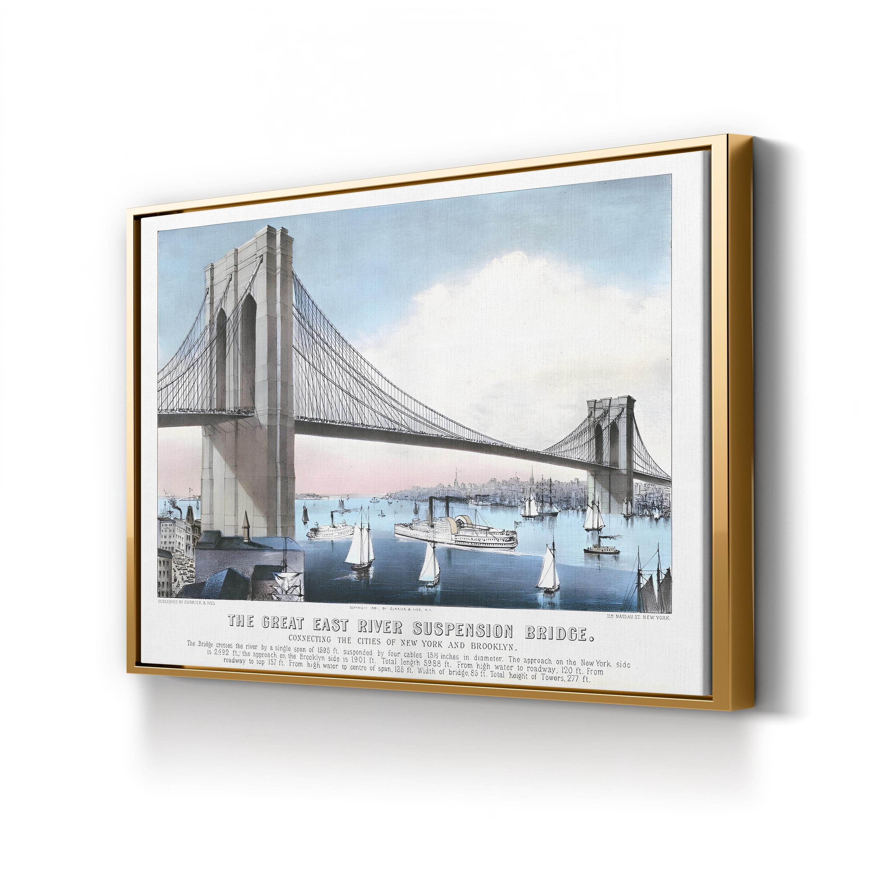 The Great East River Suspension Bridge Connecting the Cities of New York and Brooklyn Wall Art by Currier and Ives – Vintage American Architectural Print