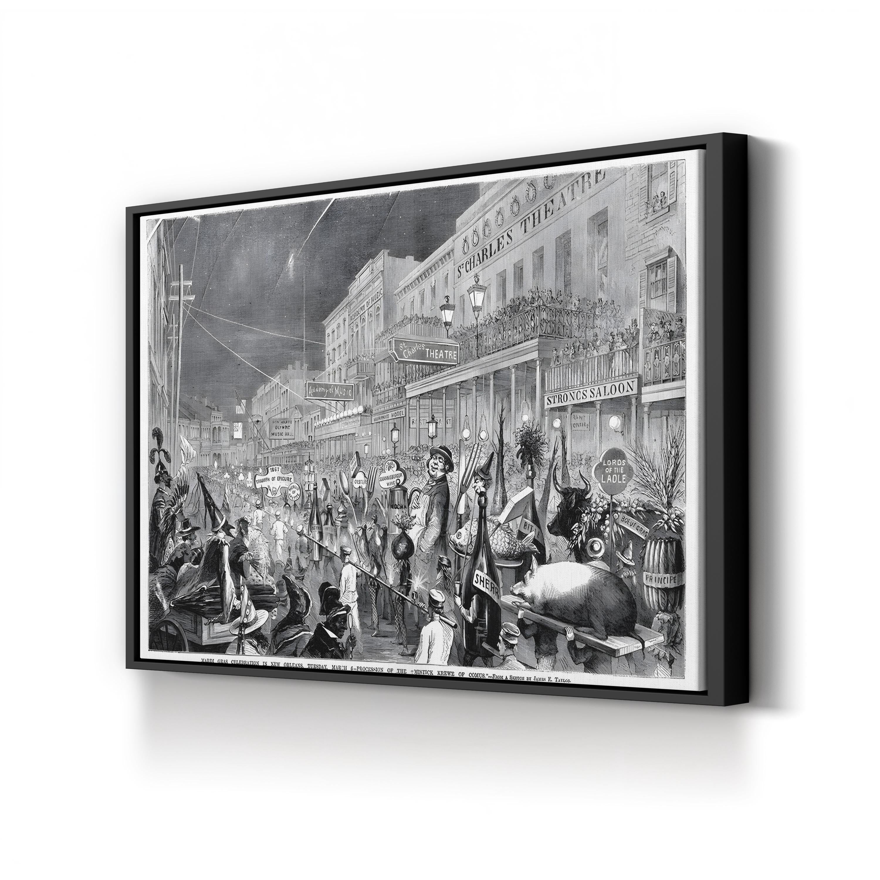 The Mardi Gras Parade in New Orleans, 1867 Wall Art by James E. Taylor – Vintage Historical Illustration Canvas