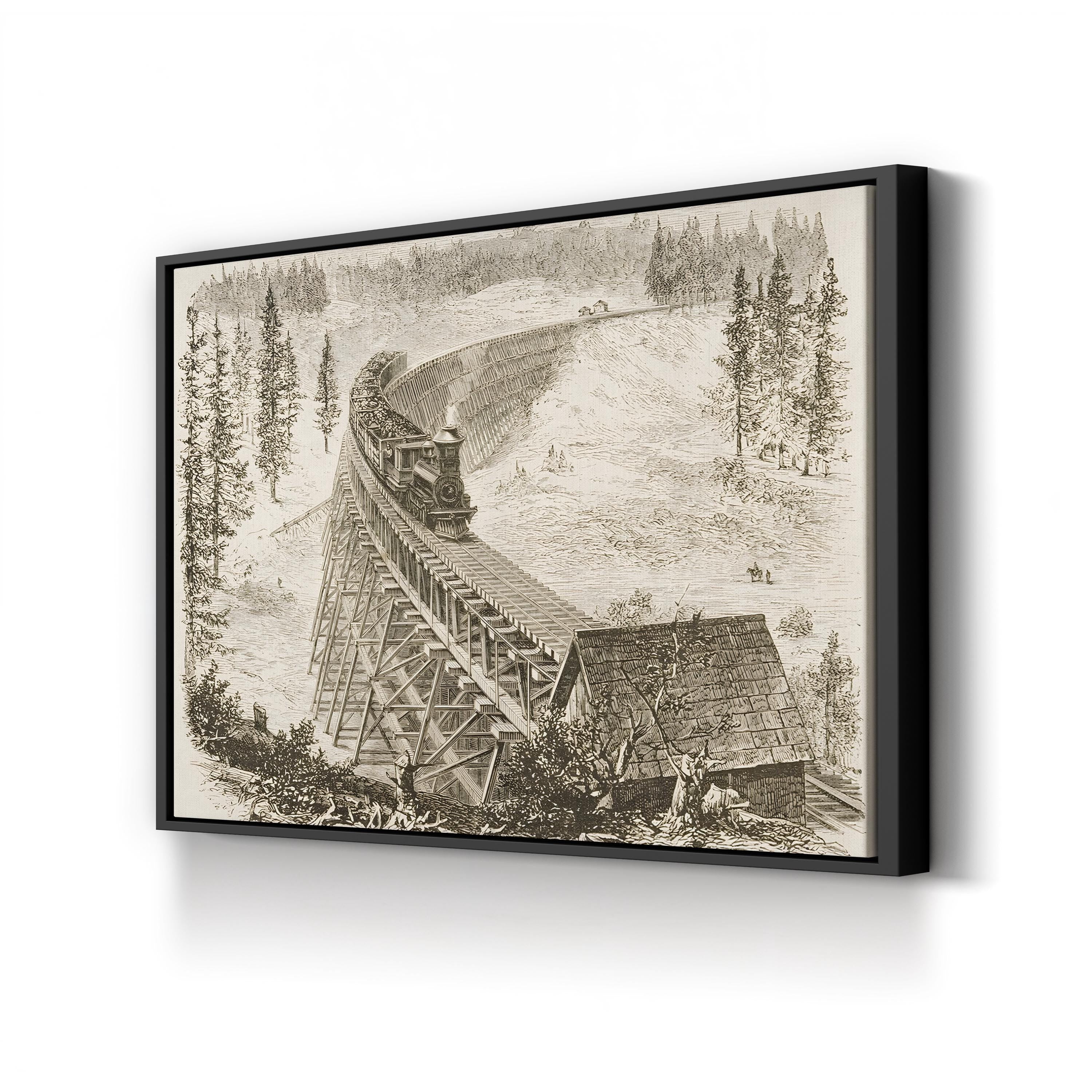 Railroad Trestle Bridge, 1870s – Period Illustration Wall Art | Industrial Landscape Canvas Print