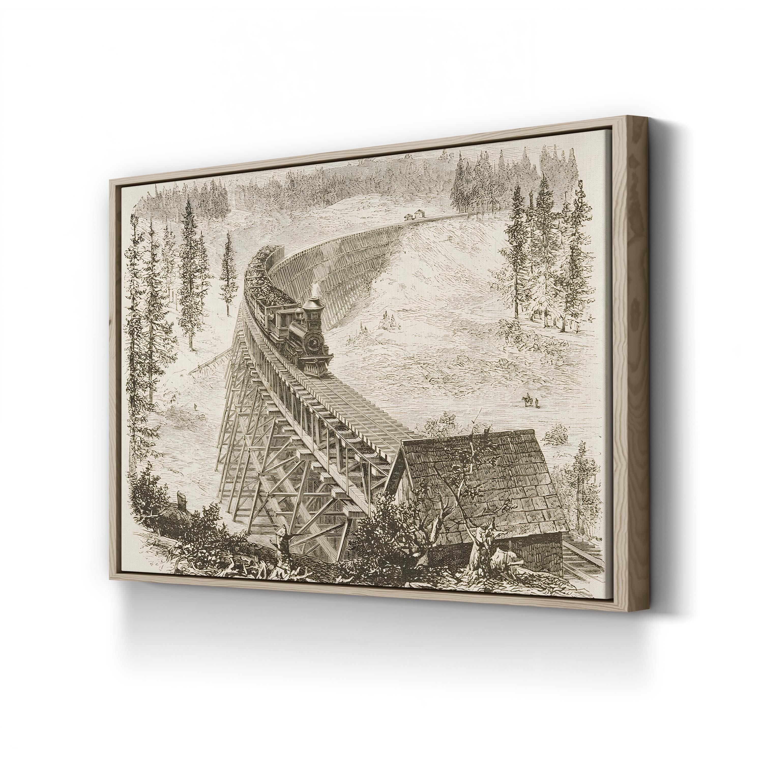 Railroad Trestle Bridge, 1870s – Period Illustration Wall Art | Industrial Landscape Canvas Print