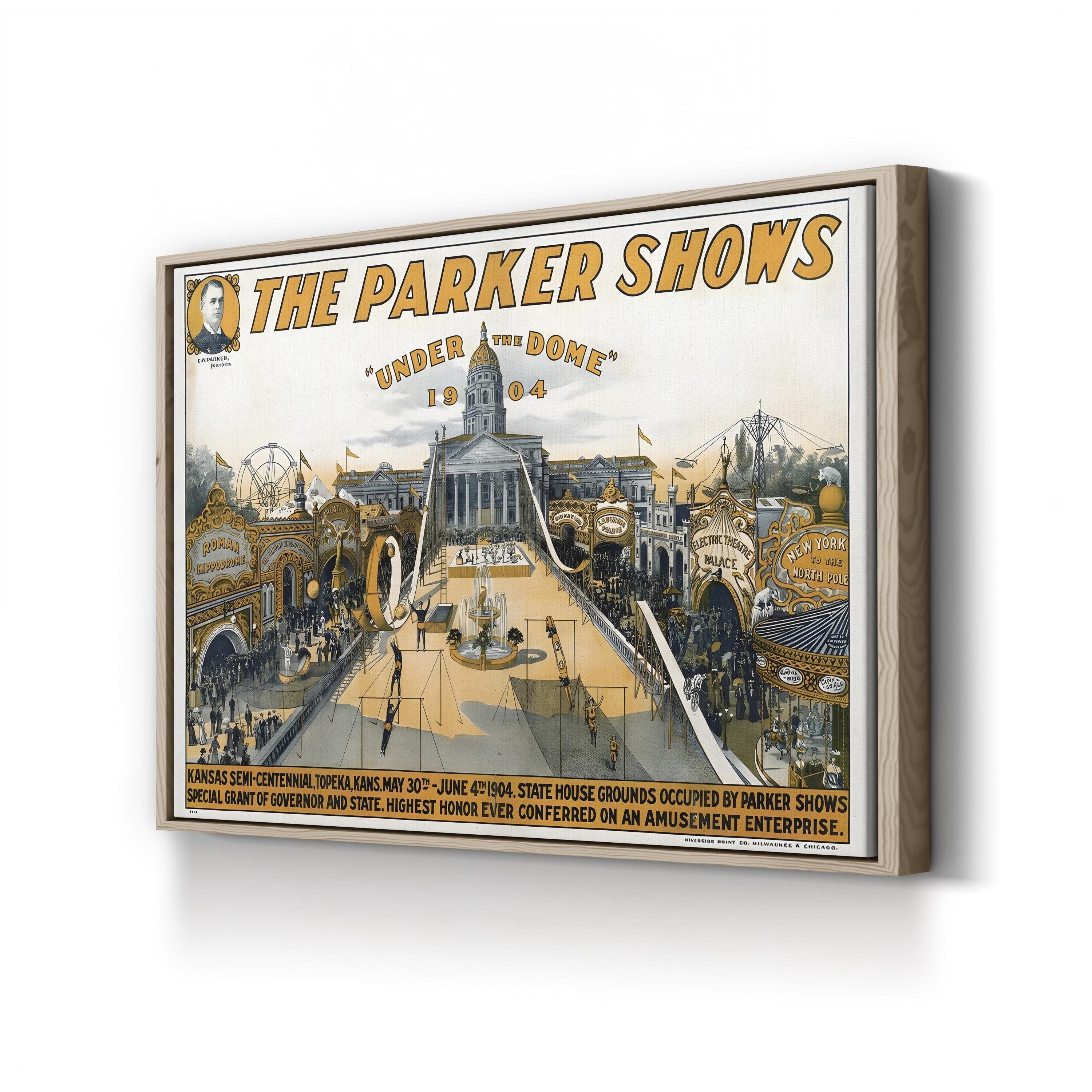 The Parker Shows 1904 Topeka Kansas poster canvas print in Oak Framed Canvas