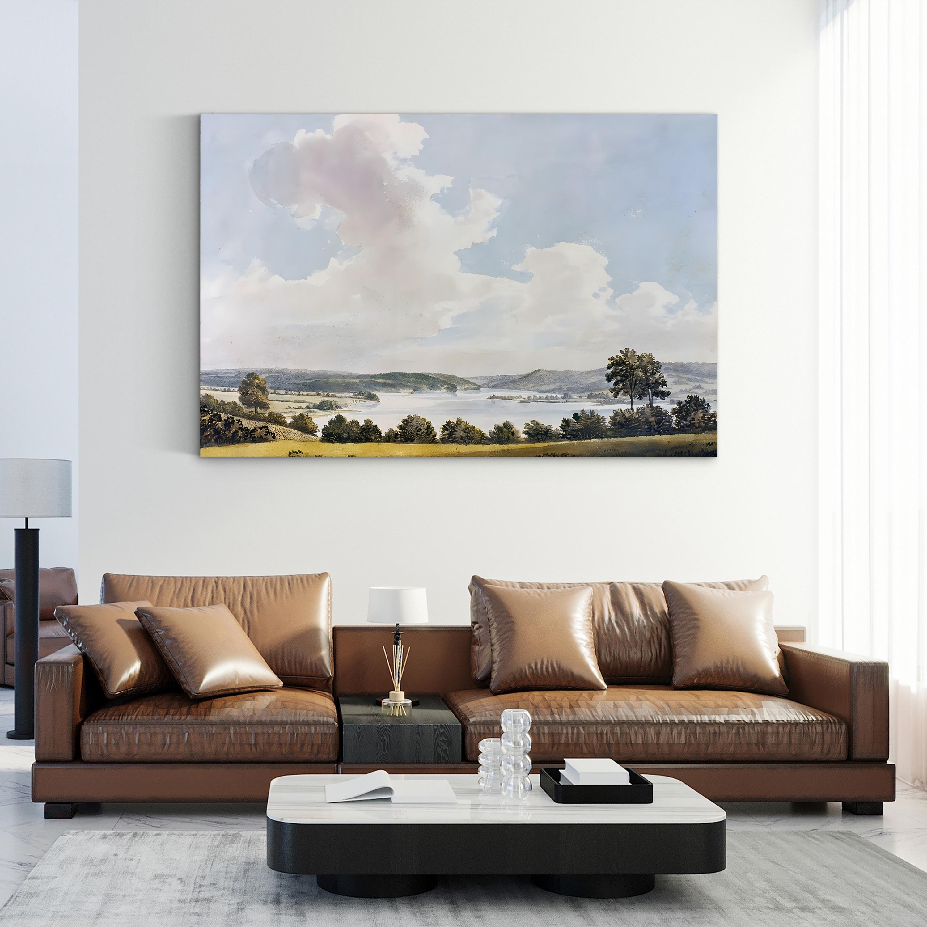 River Through Rolling Hills – Period Illustration Wall Art | Serene Landscape Canvas Print