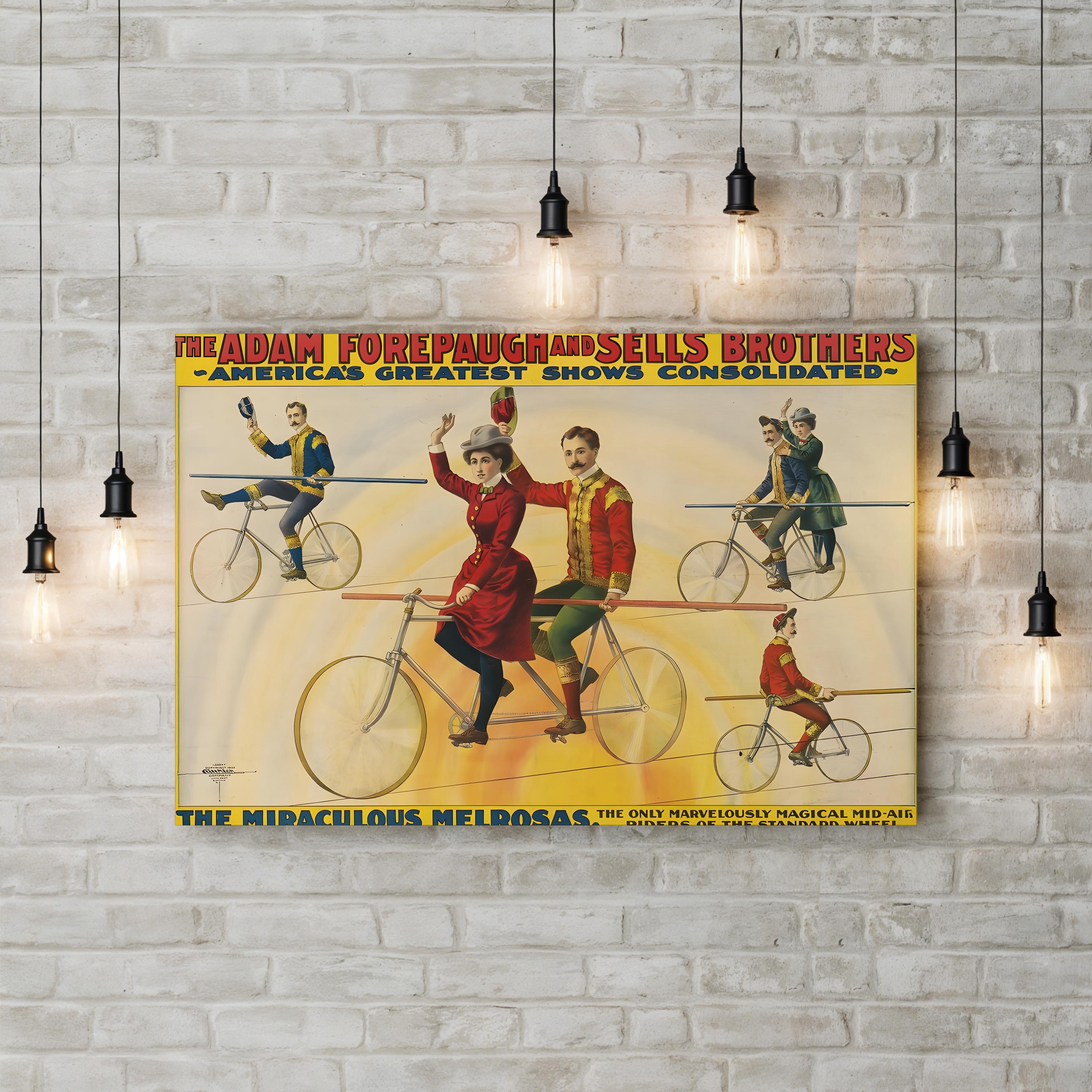 Vintage Bicycle Circus Poster: Acrobat Cycling Performance Illustration
