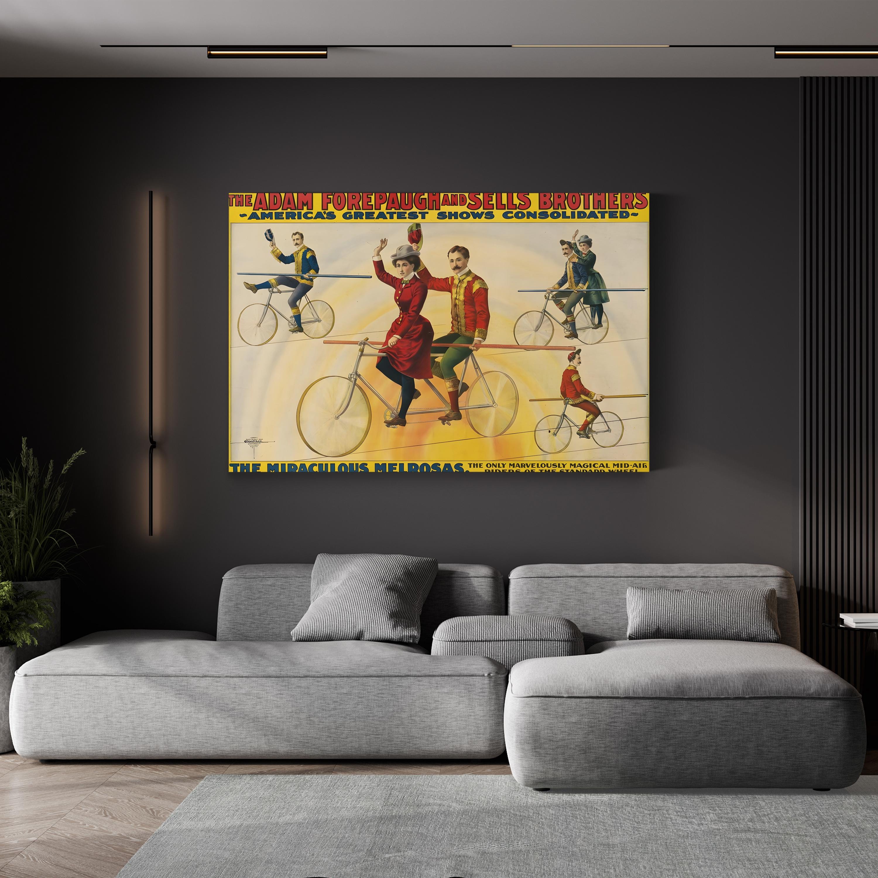 Vintage Bicycle Circus Poster: Acrobat Cycling Performance Illustration