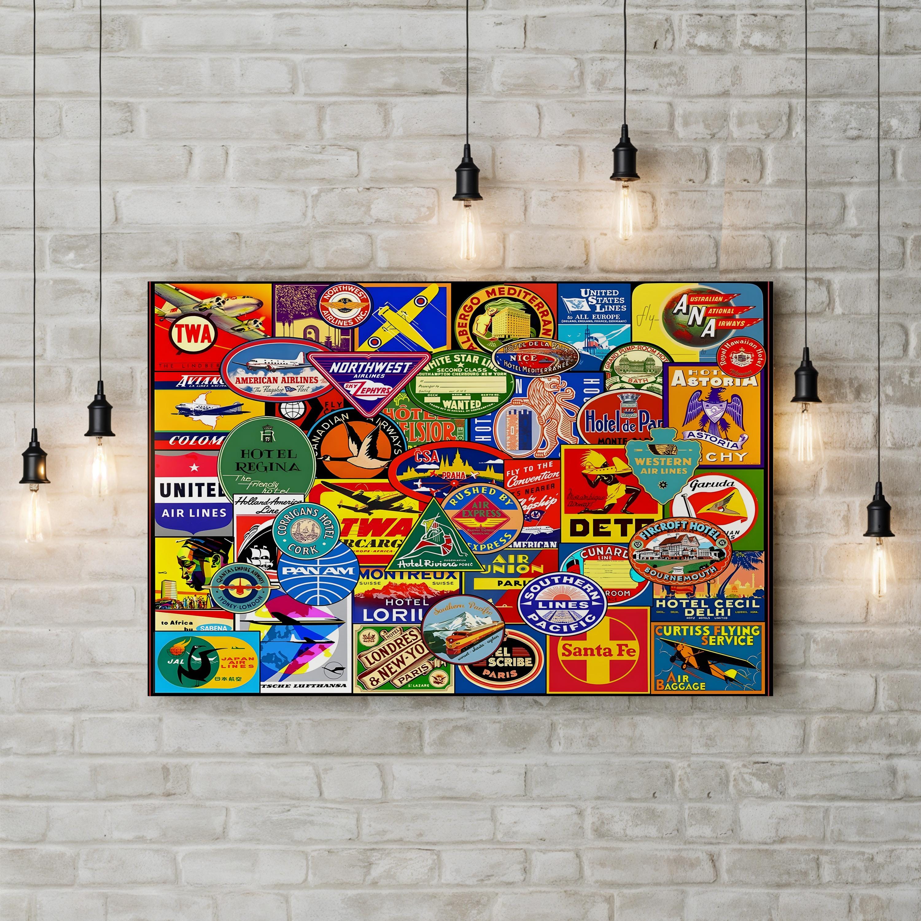 Vintage Travel Luggage Stickers – Period Illustration Wall Art | Retro Wanderlust Canvas Print