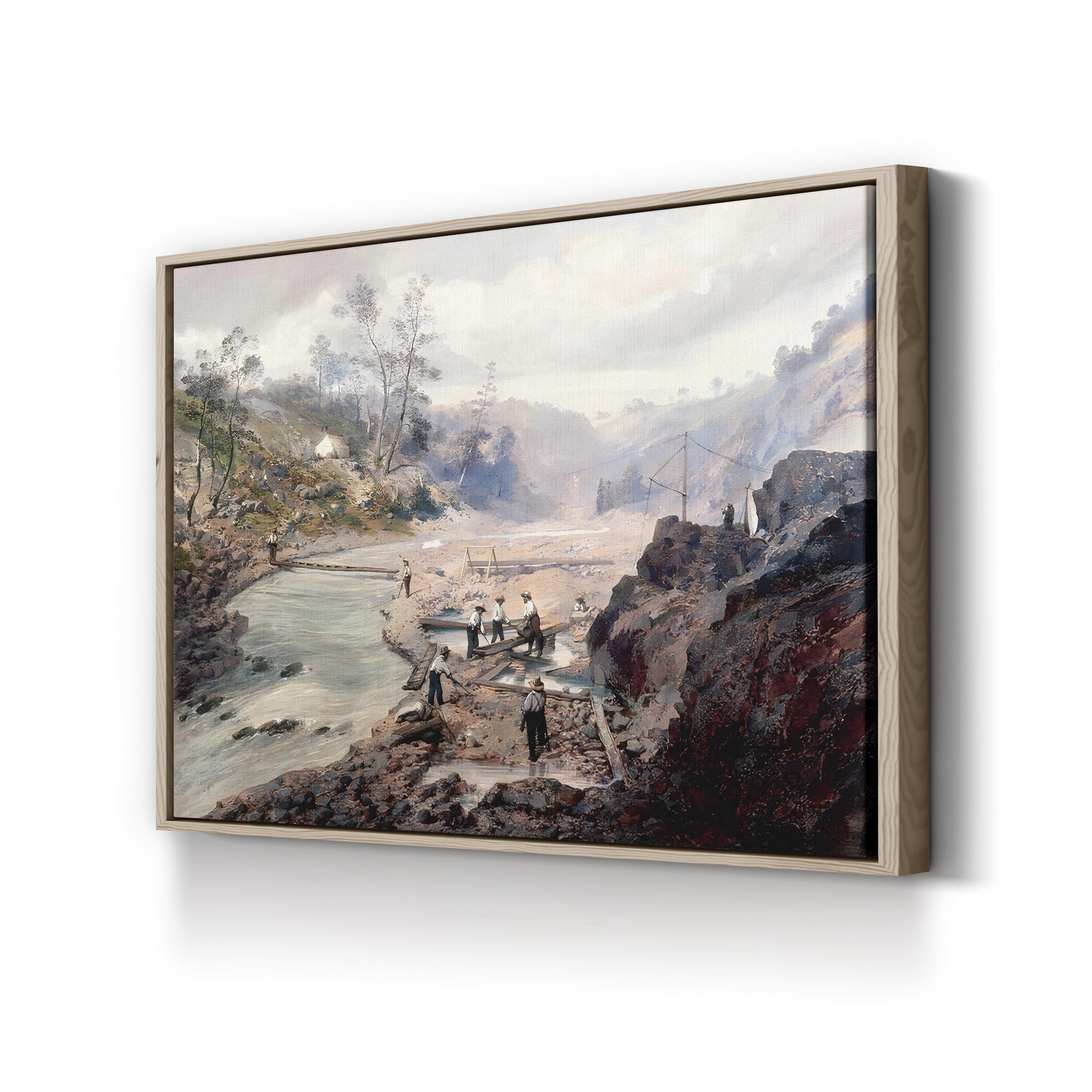 Washing Gold, Calaveras, California, 1853 canvas print in Natural frame
