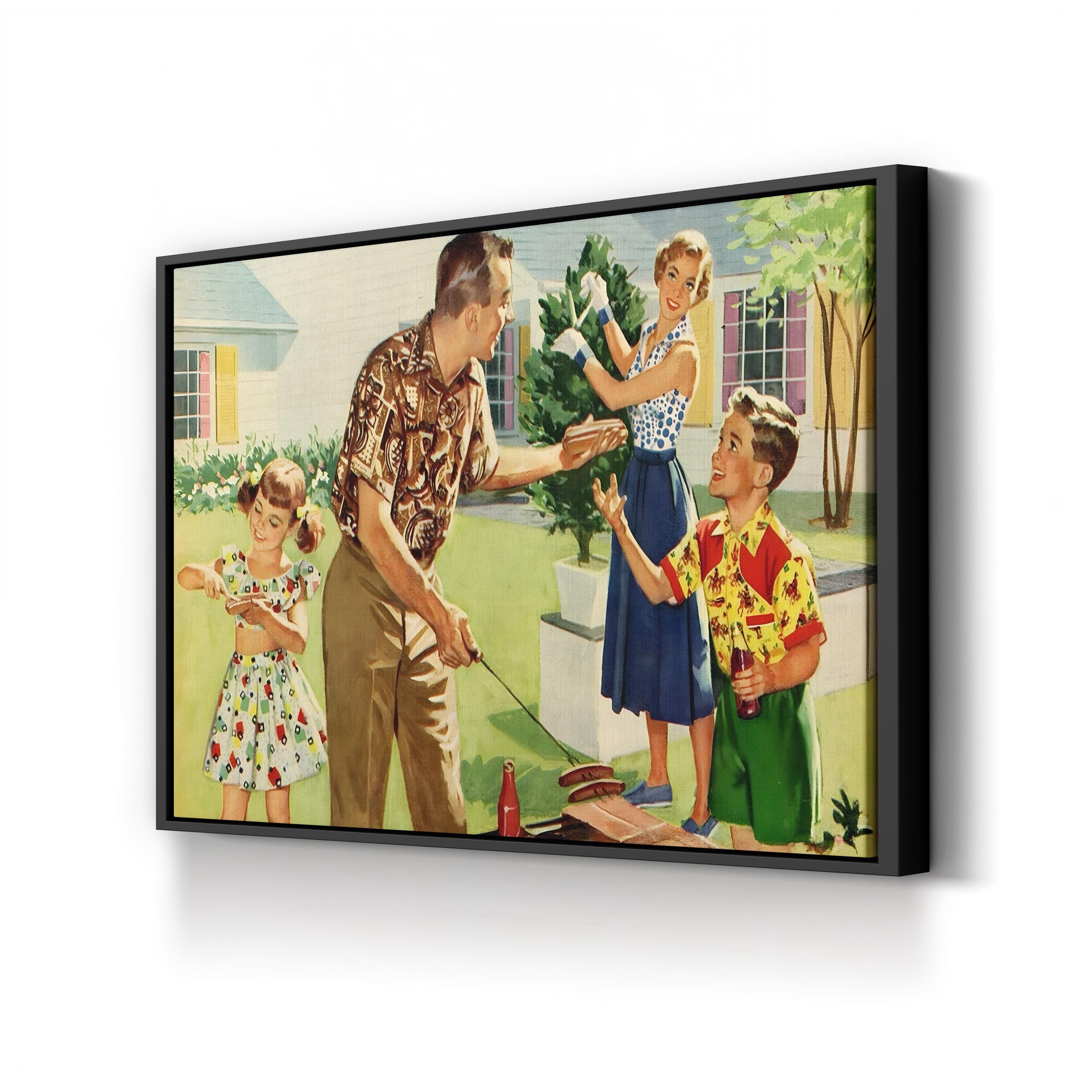 1940s Family Backyard BBQ, Vintage Americana Illustration canvas print in Black frame