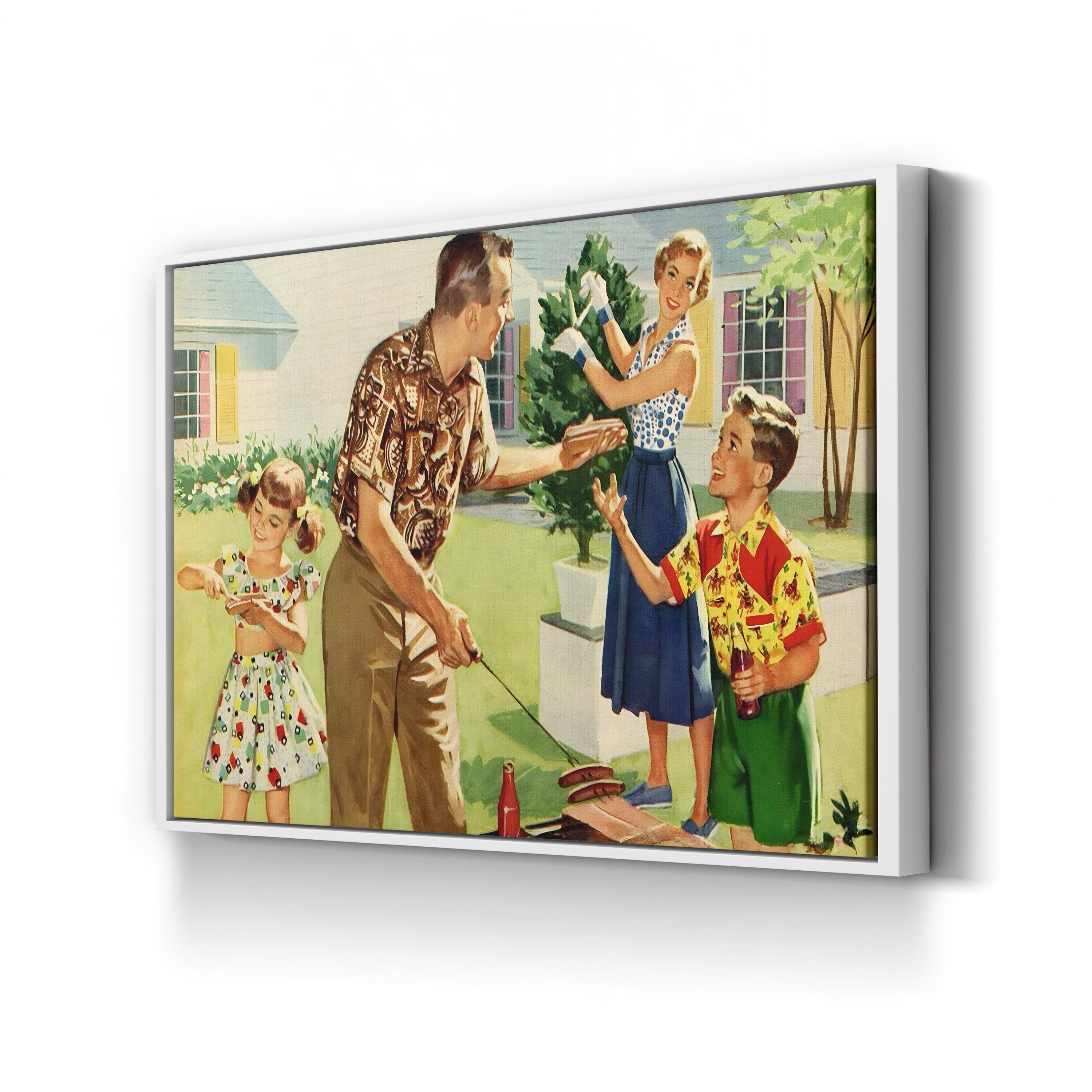 1940s Family Backyard BBQ, Vintage Americana Illustration canvas print in White frame