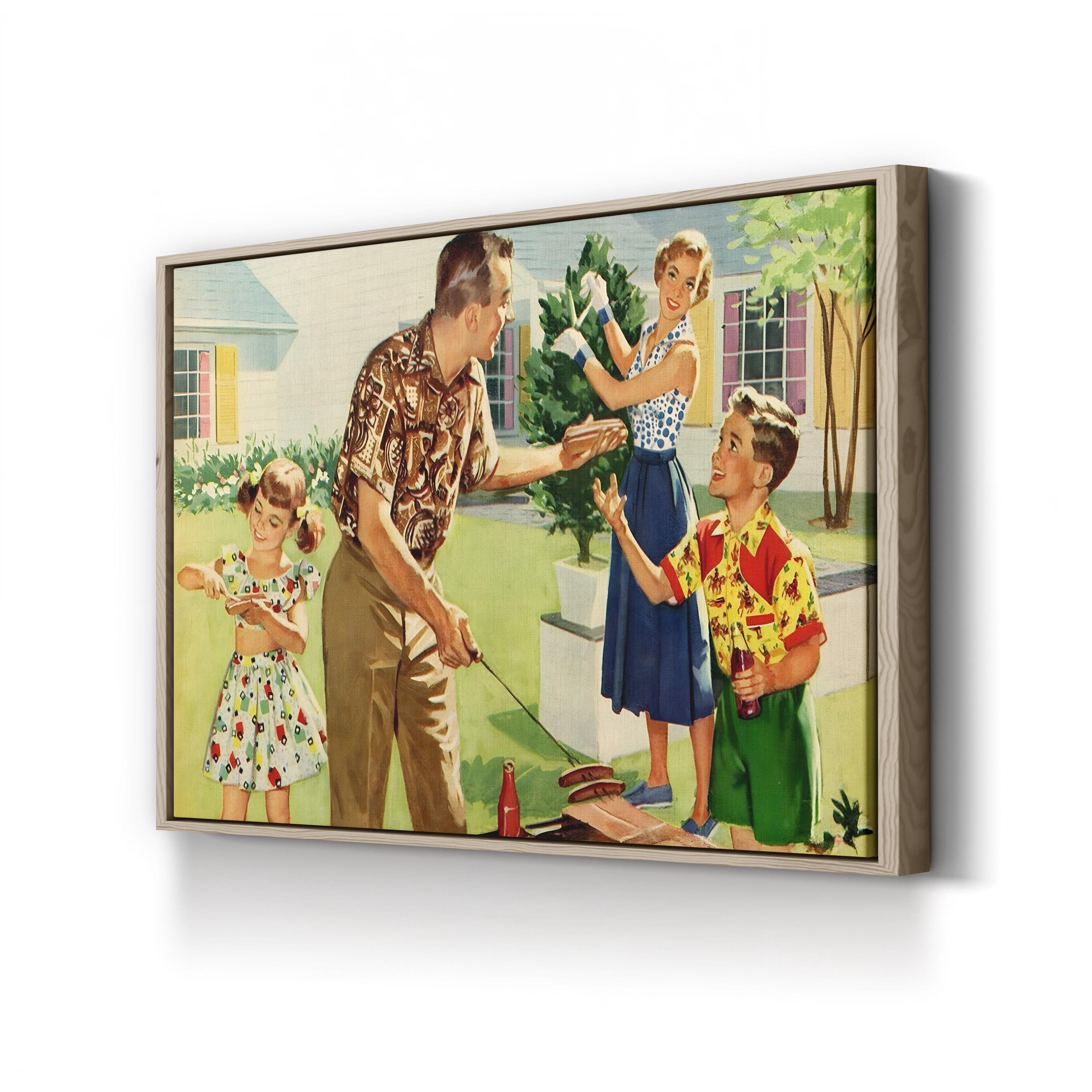 1940s Family Backyard BBQ, Vintage Americana Illustration canvas print in Oak frame