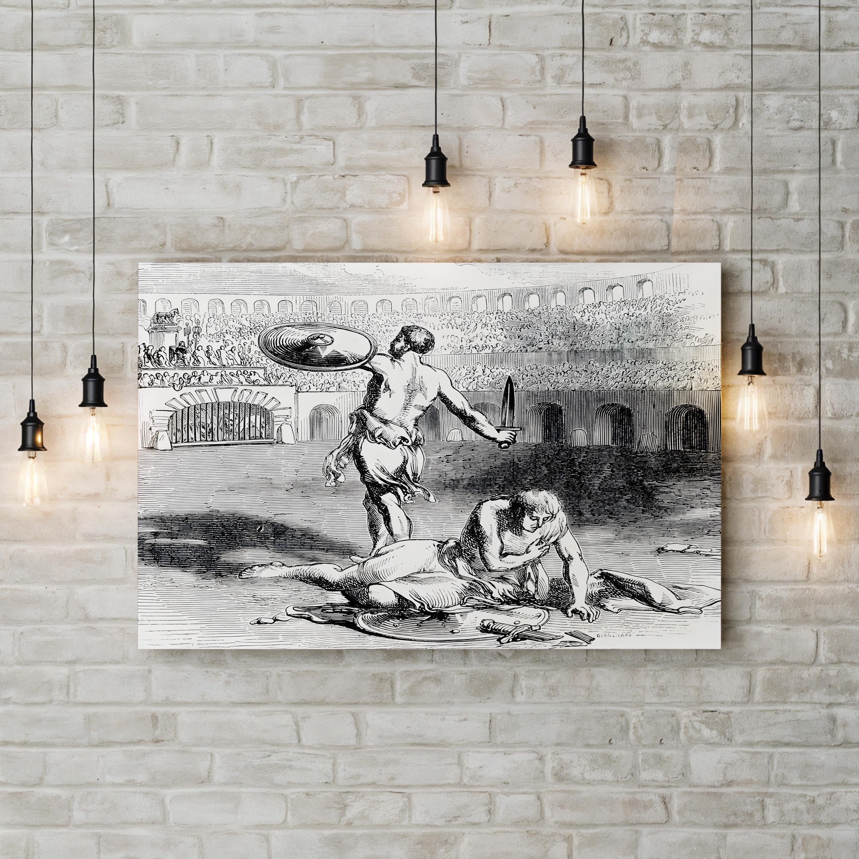 Colosseum Gladiators Engraving Wall Art — 18th Century Roman Combat Scene, Rome, Italy