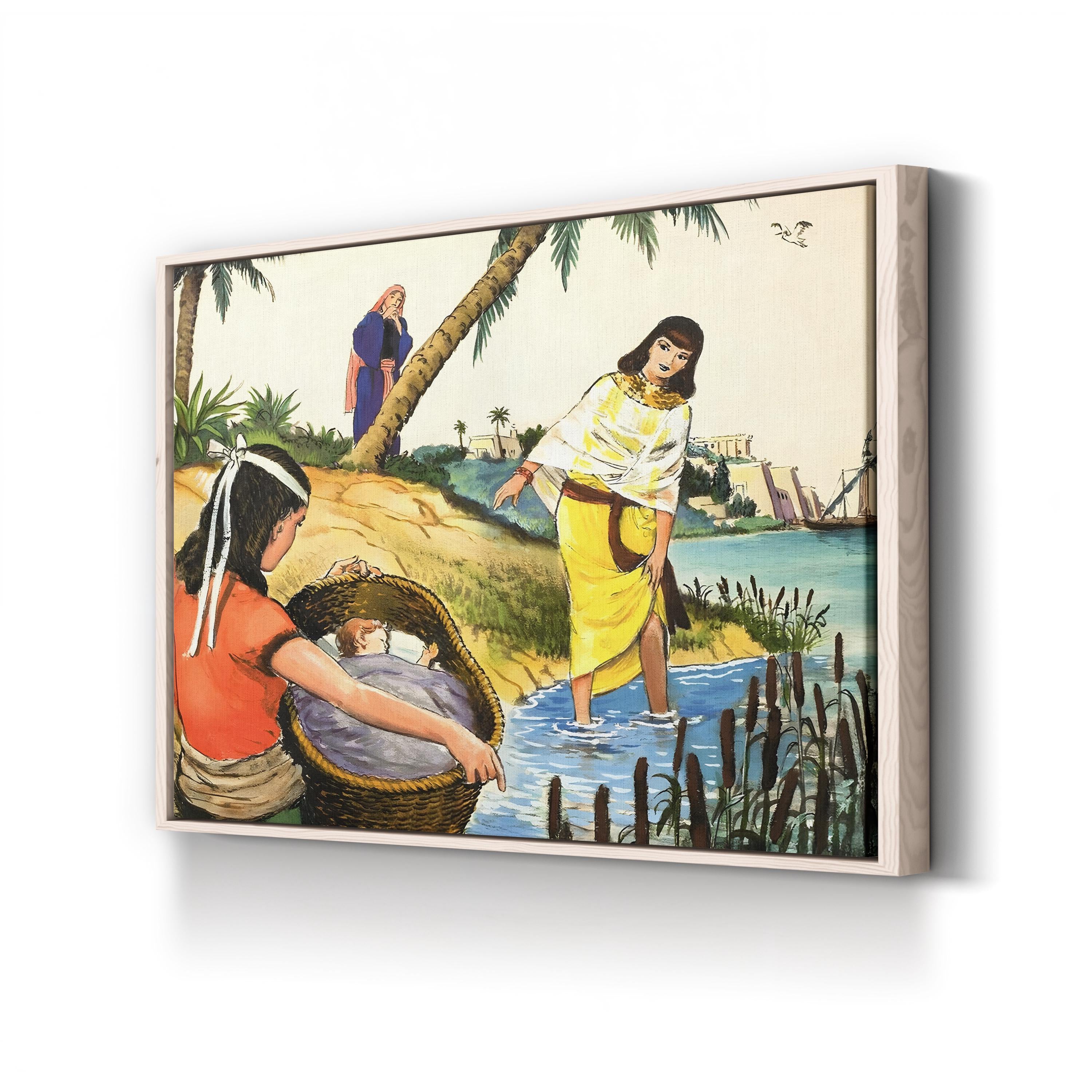 The Finding of Moses in the Nile River by Clive Uptton canvas print in a natural wood frame