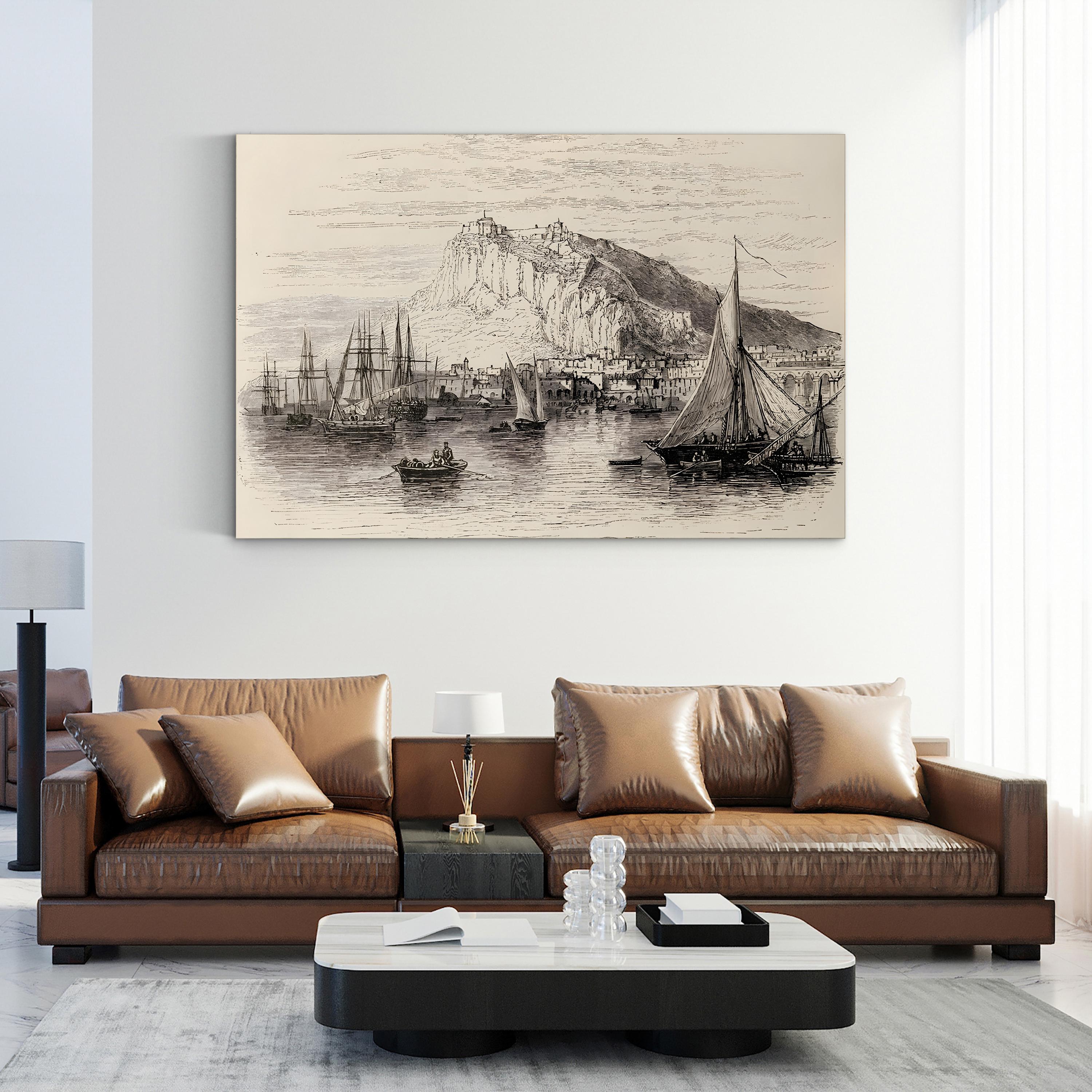 Living room with brown leather sofa and decorative painting on the wall