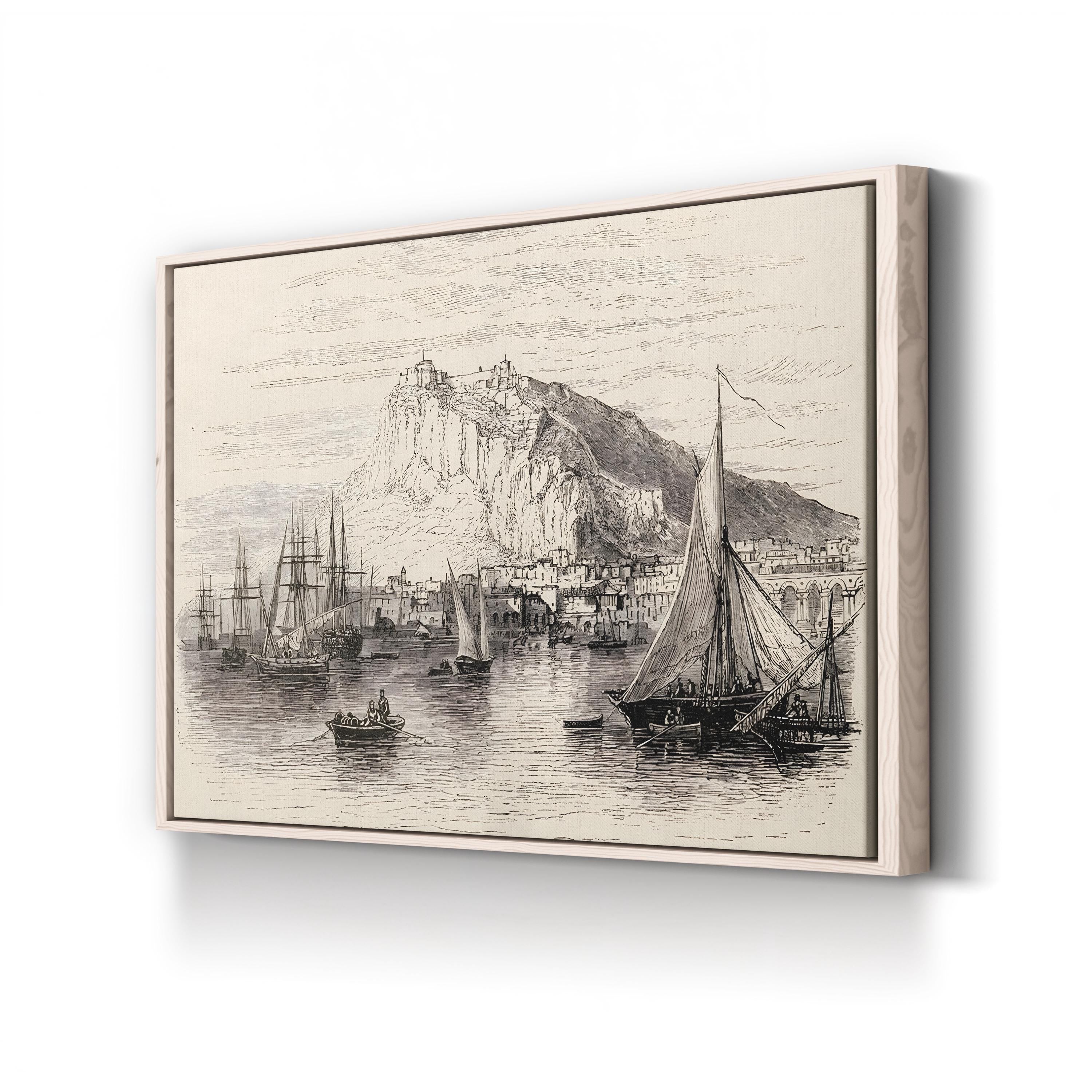 Framed artwork of a coastal scene with boats and a mountain on a white background
