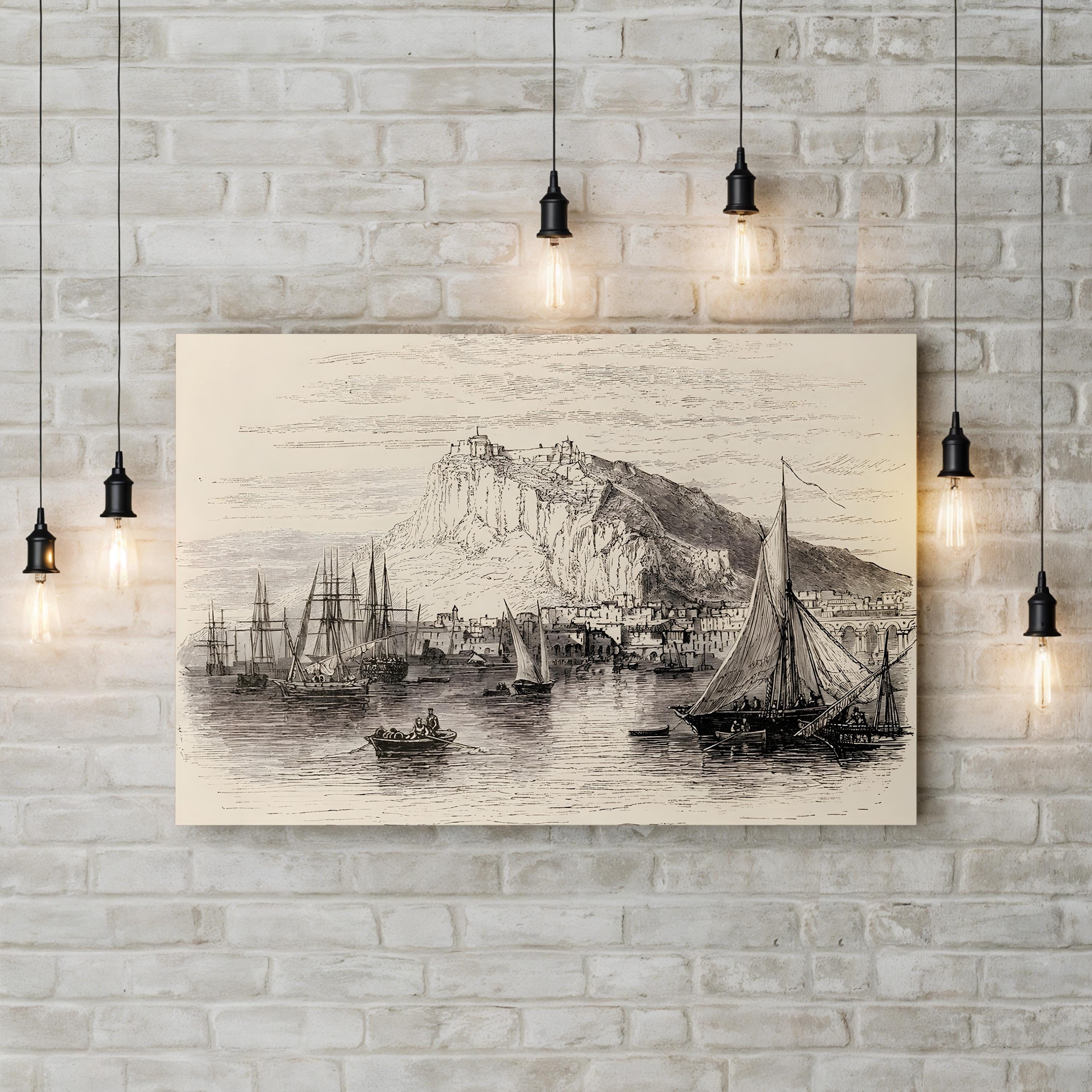 Vintage-style wall art of a coastal scene with ships and a mountain on a brick wall.