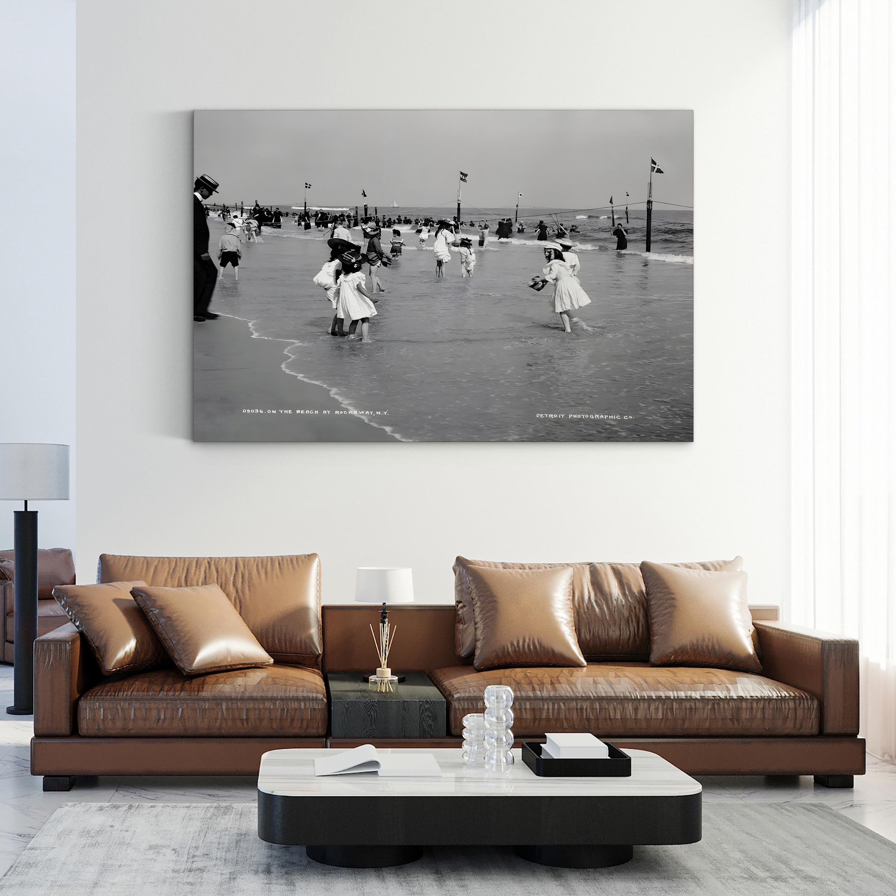 Children on the Beach at Rockaway, New York (1904) – Framed Antique Beach Scene Photography Canvas Art