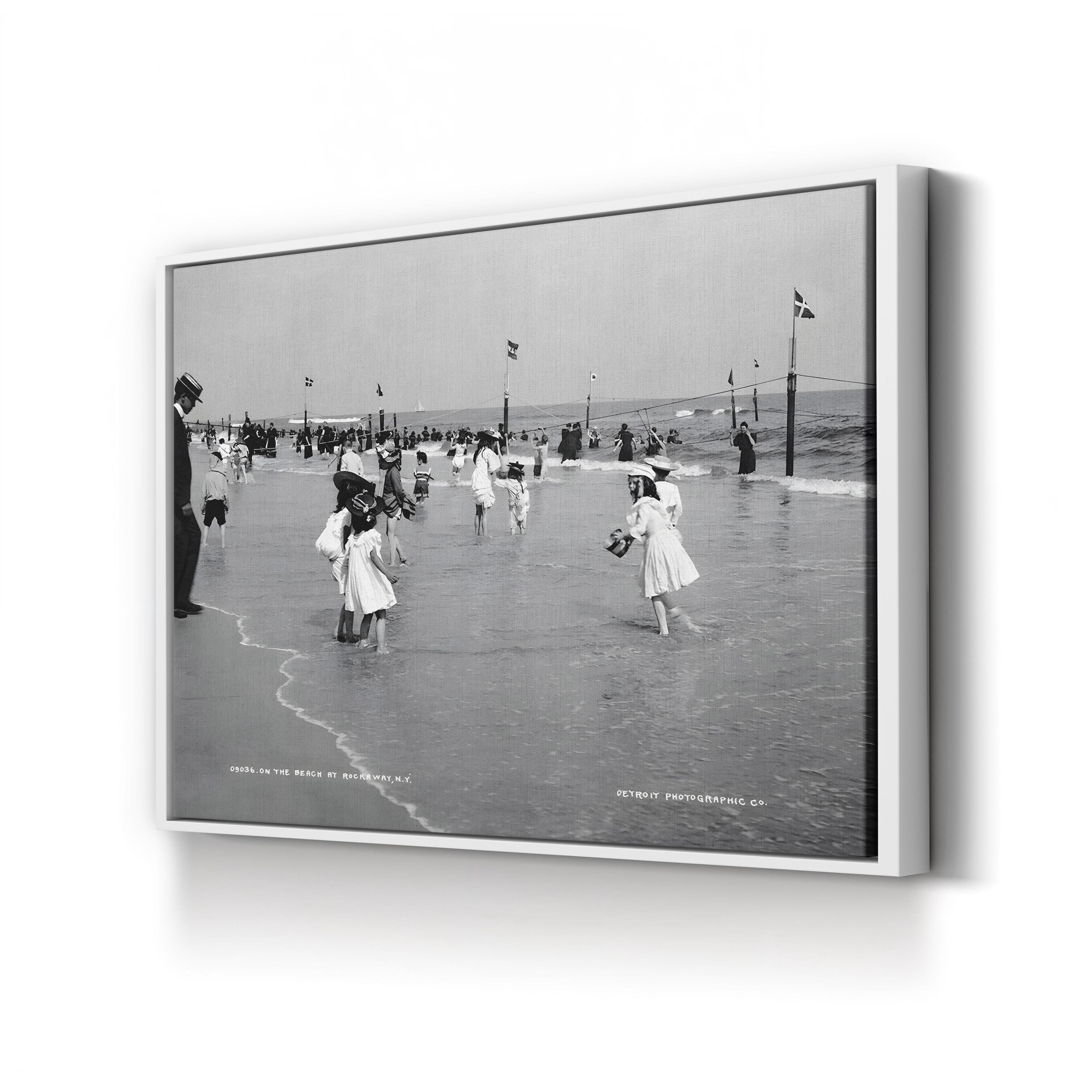 Children on the Beach at Rockaway, New York (1904) – Framed Antique Beach Scene Photography Canvas Art