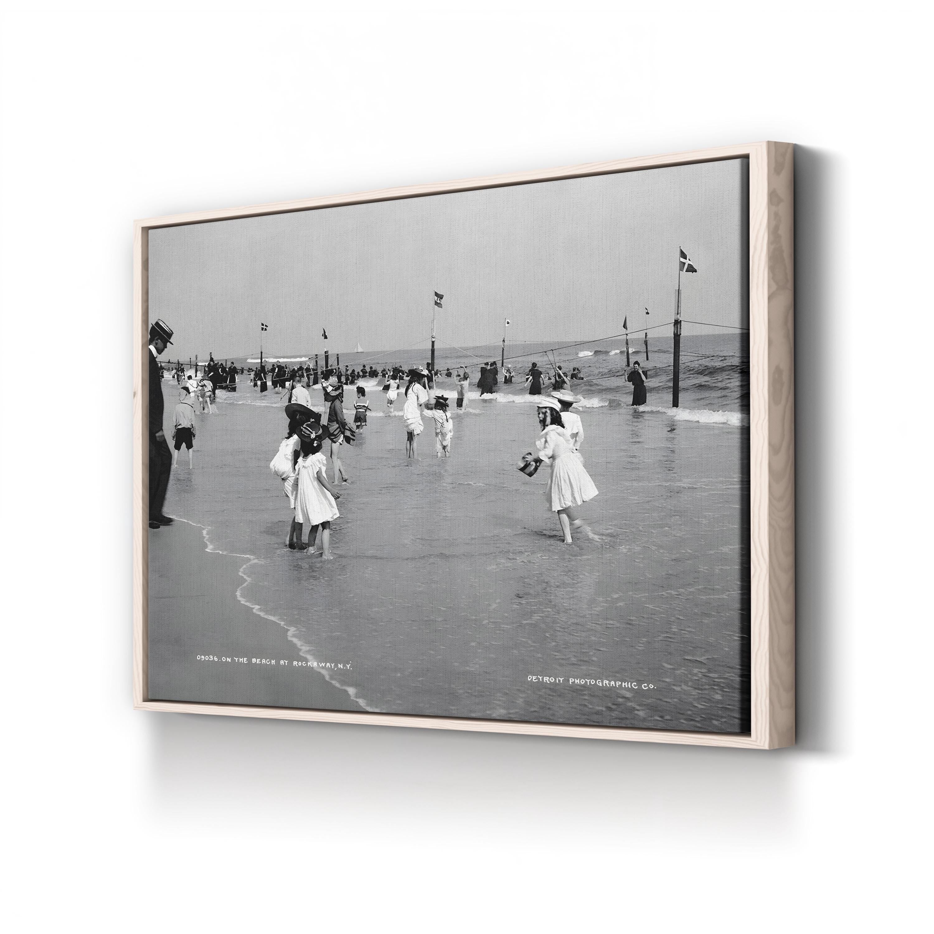 Children on the Beach at Rockaway, New York (1904) – Framed Antique Beach Scene Photography Canvas Art