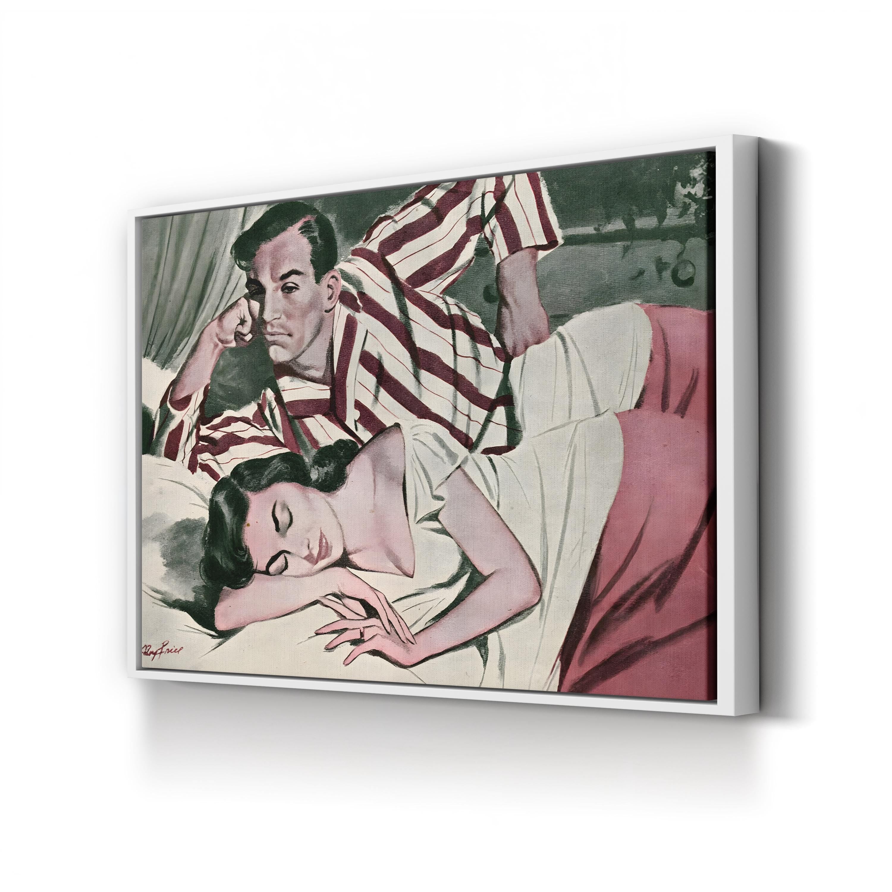 1950s Retro Bedroom Couple – Period Illustration Wall Art | Vintage Domestic Canvas Print