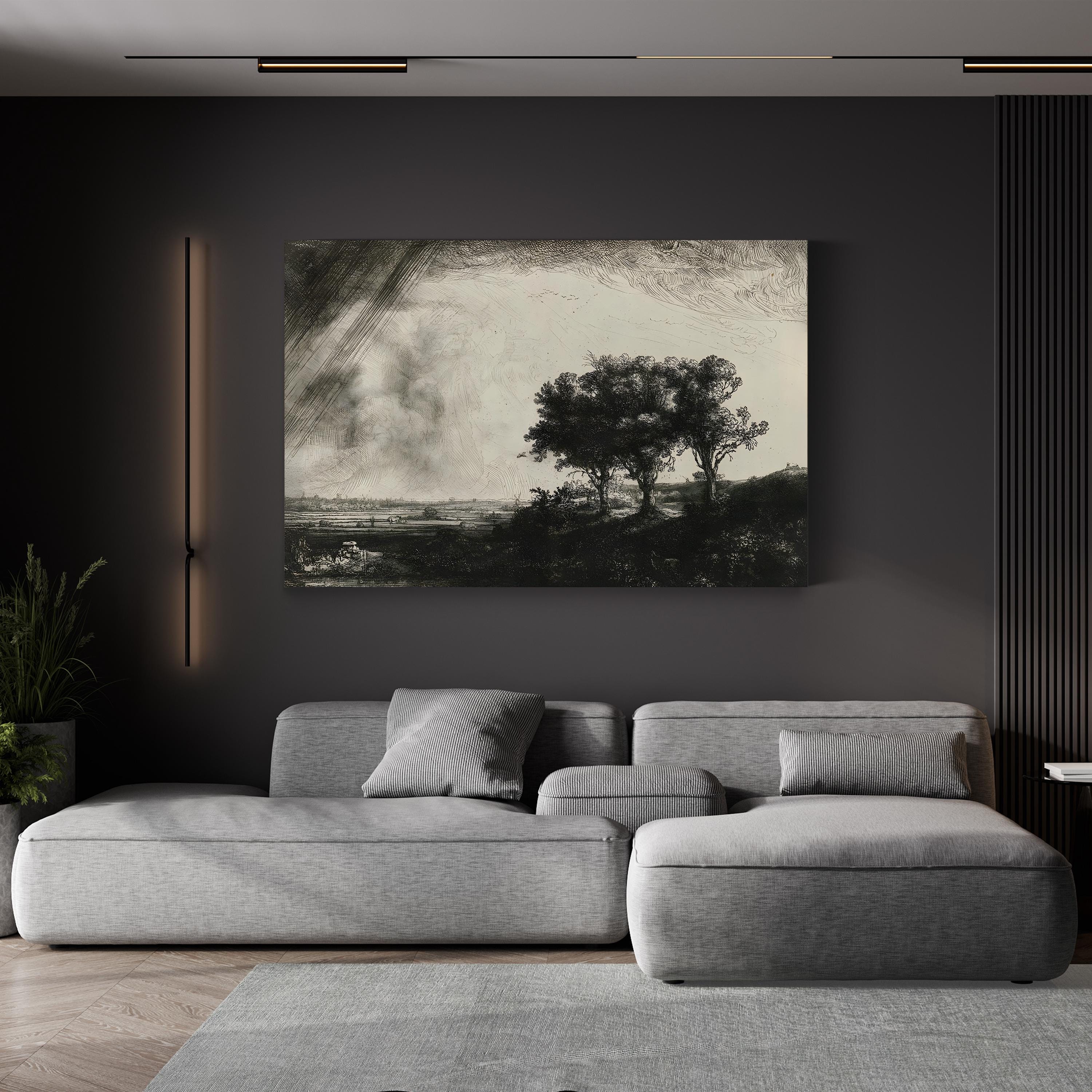 The Three Trees Wall Art – Rembrandt 1643 Black and White Landscape Print